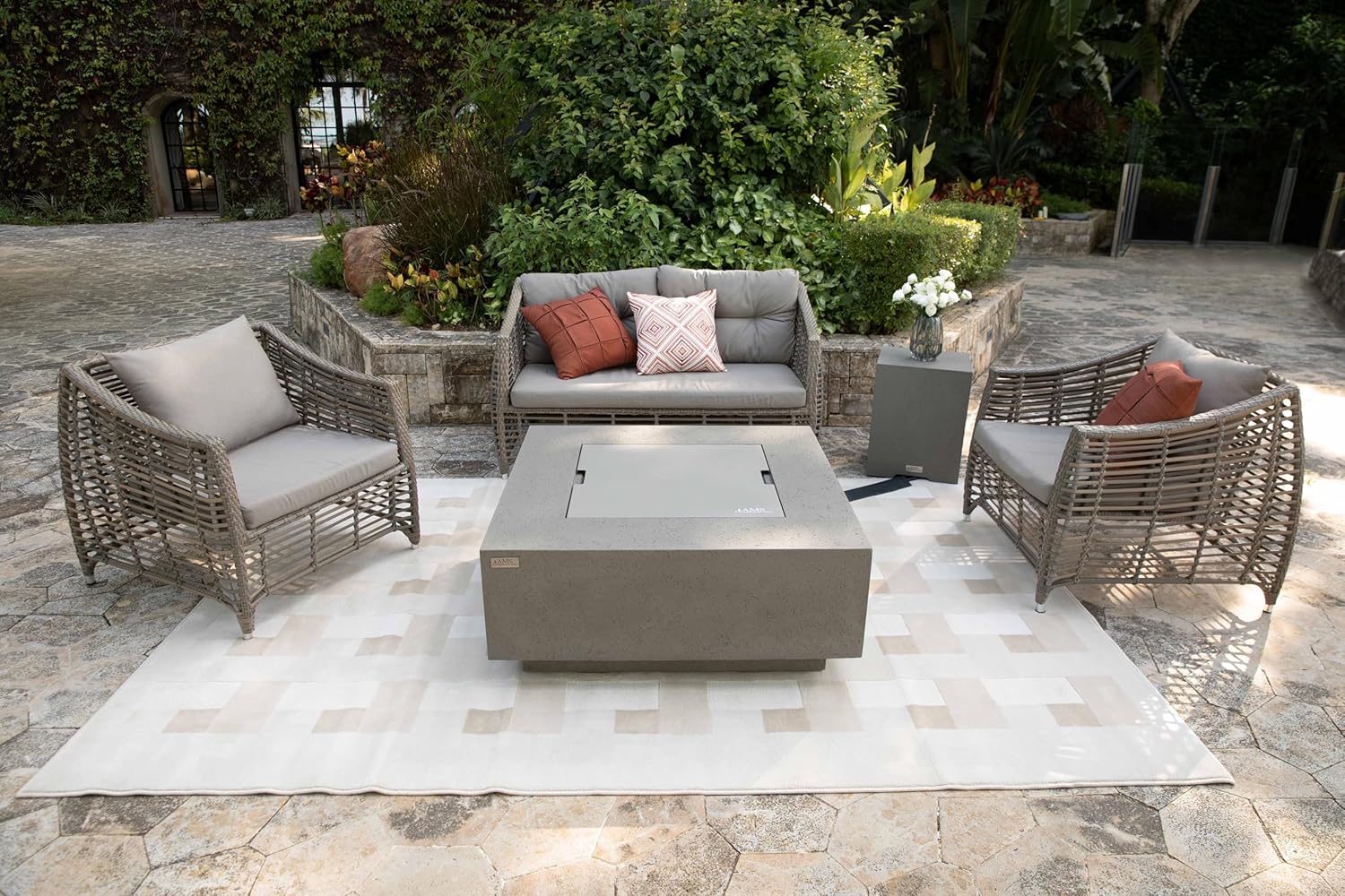AMS Creations | Brooklyn 40" Bundle Square Natural Gas Outdoor Fire Pit Table | Light Gray Concrete GFRC | Limestone Texture Surface Fire Pit Table