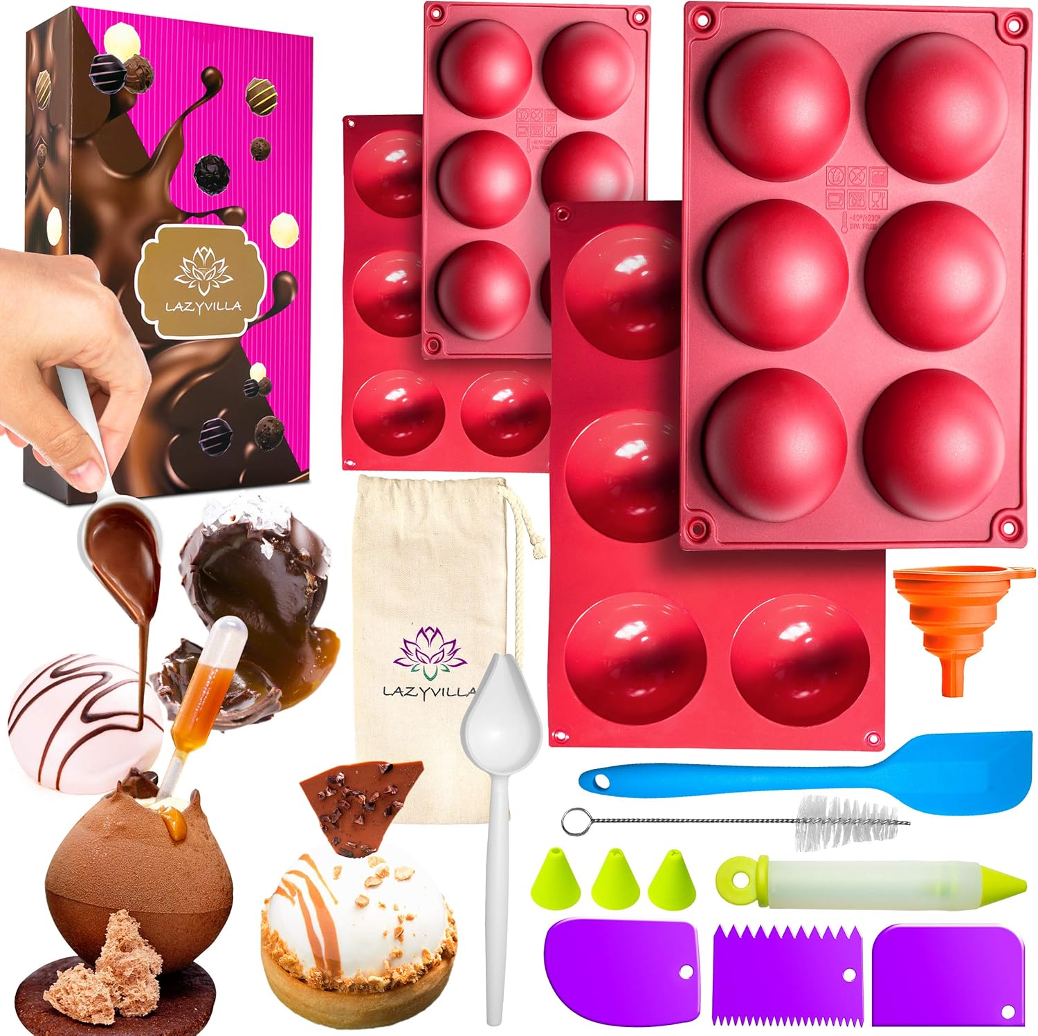 LAZYVILLA Cocoa Bomb Molds, Set Chocolate Bomb Making Kit