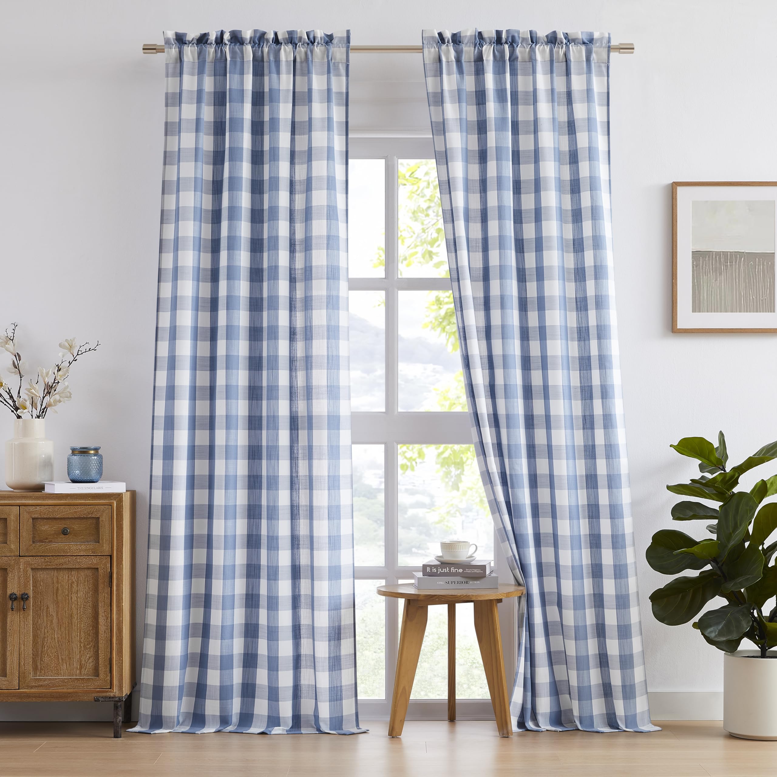 Bapawfish 95 Inches Long Dusty Blue White Buffalo Plaid Semi Sheer Curtains for Bedroom Living Room,Gingham Pattern Drapes,Cozy Window Treatment,Rod Pocket,52" Wx95 L(Pack of 2)