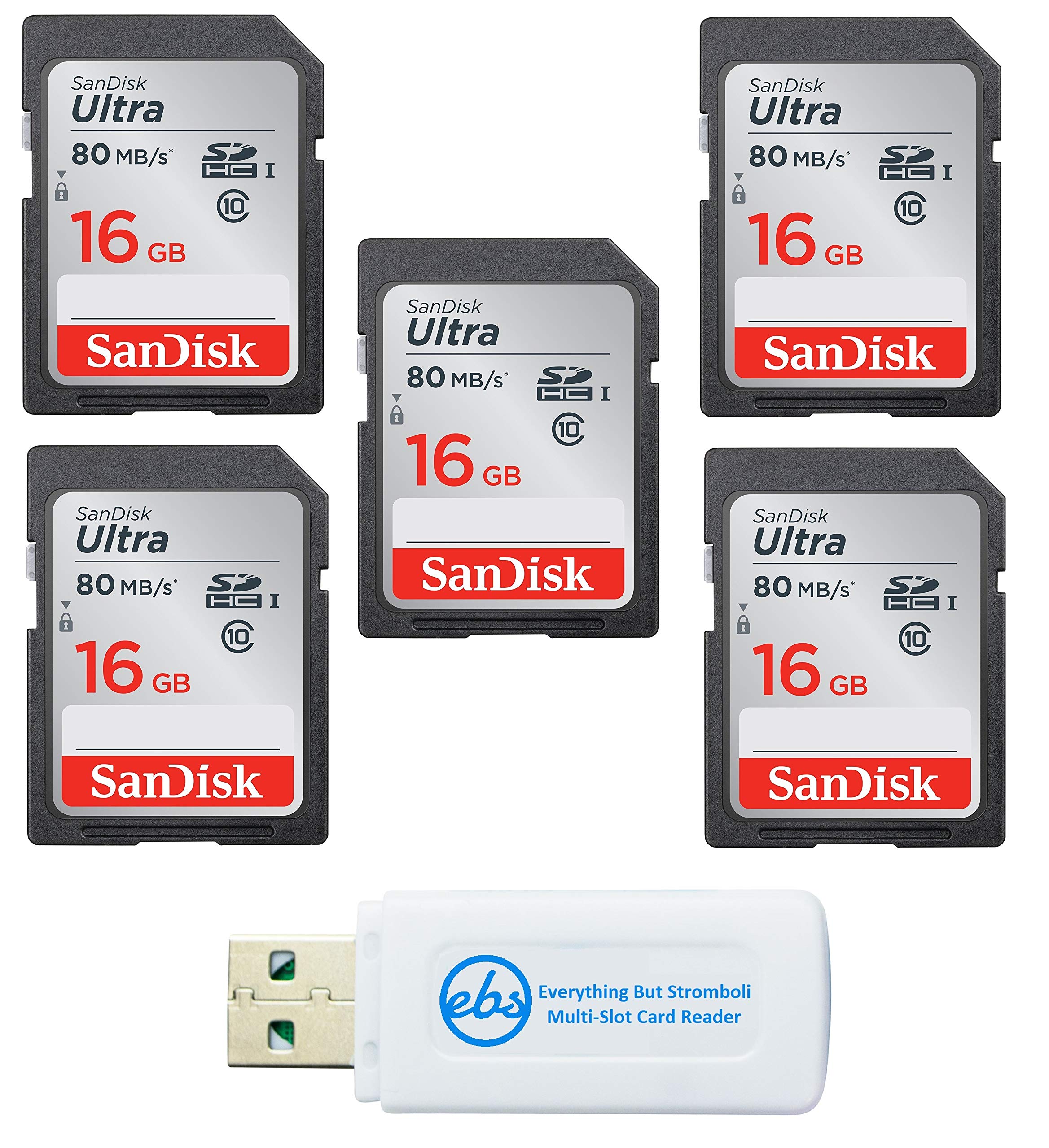 SanDisk 16GB Ultra SD Memory Card Class 10 (5 Pack) SDSDUNC-016G-GN6IN | Memory Cards for Trail Cameras and Video Cameras, Bundle with (1) Everything But Stromboli SD Card Reader