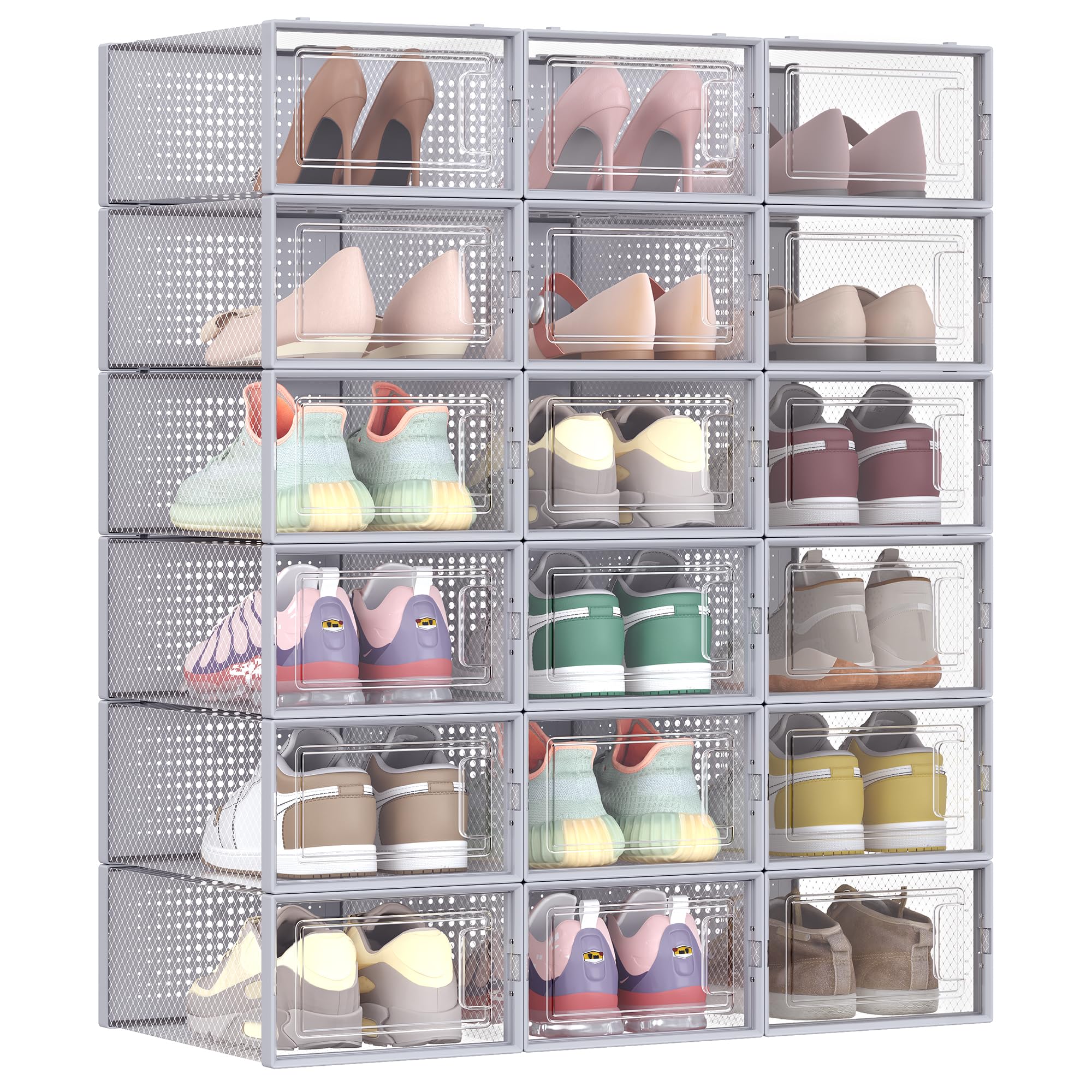 SONGMICS Shoe Boxes, Pack of 18 Stackable Shoe Storage Organisers, Foldable and Versatile for Sneakers, Fit up to UK Size 9.5, Transparent and Grey LSP006G18