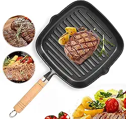 Frigideira quadrada de ferro fundido com bicos e cabo de madeira, grelha interna perfeita para bifes, hambúrgueres, vegetais – Funciona em fogões a gás e indução, superfície naturalmente antiaderente