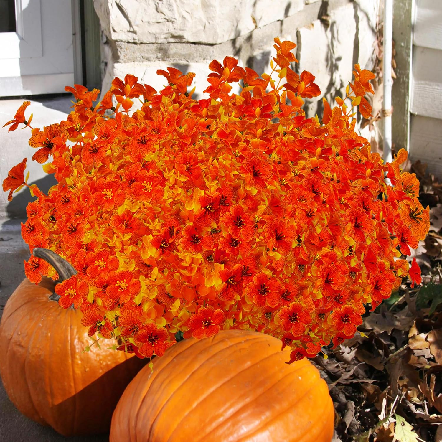 Artificial Fall Mums for Outdoors, No Fade Faux Silk Daisy Flower with Eucalyptus Leaves, UV Resistant for Pot, Porch, Garden, Farmhouse, Home Thanksgiving Days Decor (Orange Red, 12 Bundles)