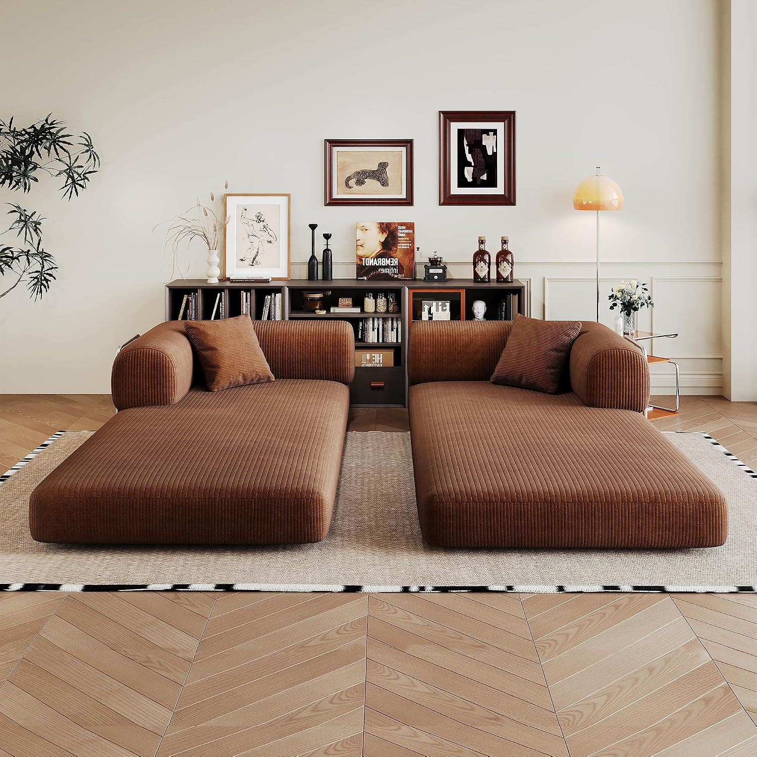79" Convertible Sofa Bed, Corduroy Folding Pull Out Couch with Pillows, No Assembly Modern Boneless Couch Compression Sofa in Box, Floor Sofa with Support Rods for Living Room,Brown