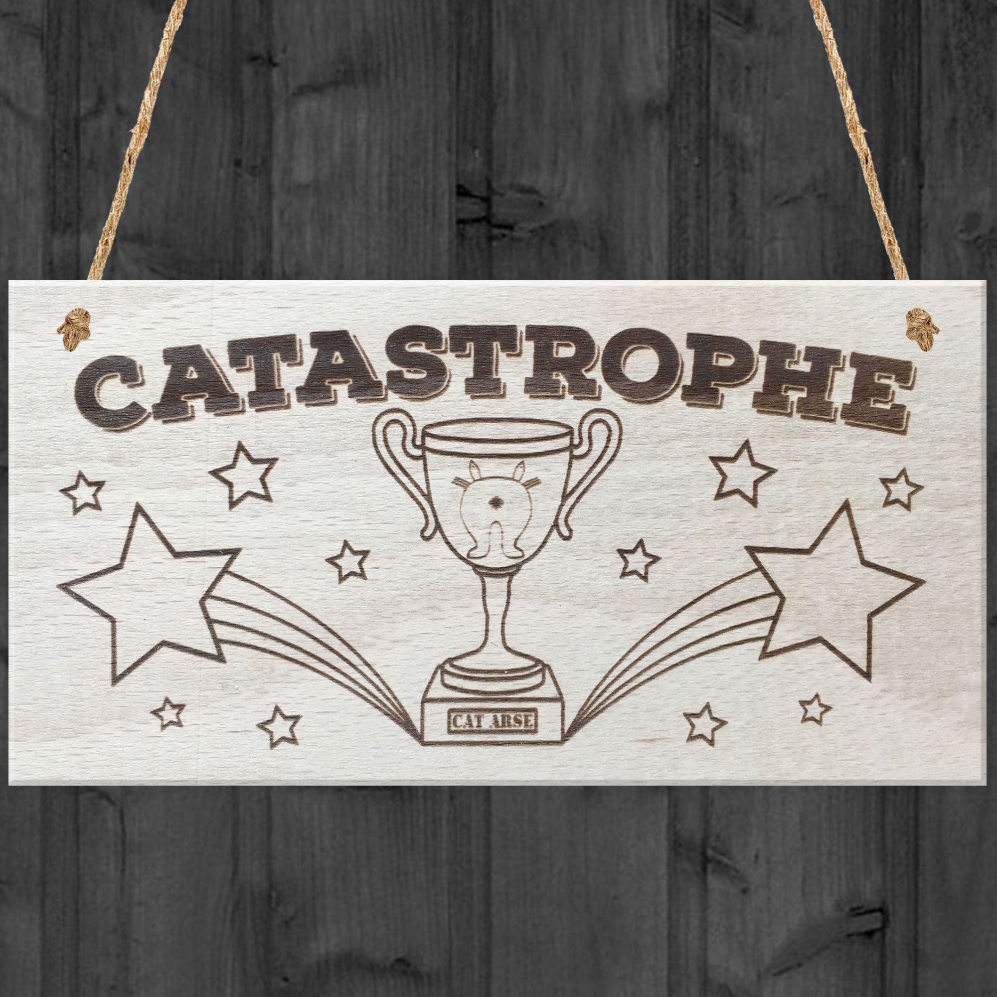 Red Ocean Catastrophe Cat Arse Trophe Novelty Hanging Wooden Plaque Cat Lovers Funny Sign