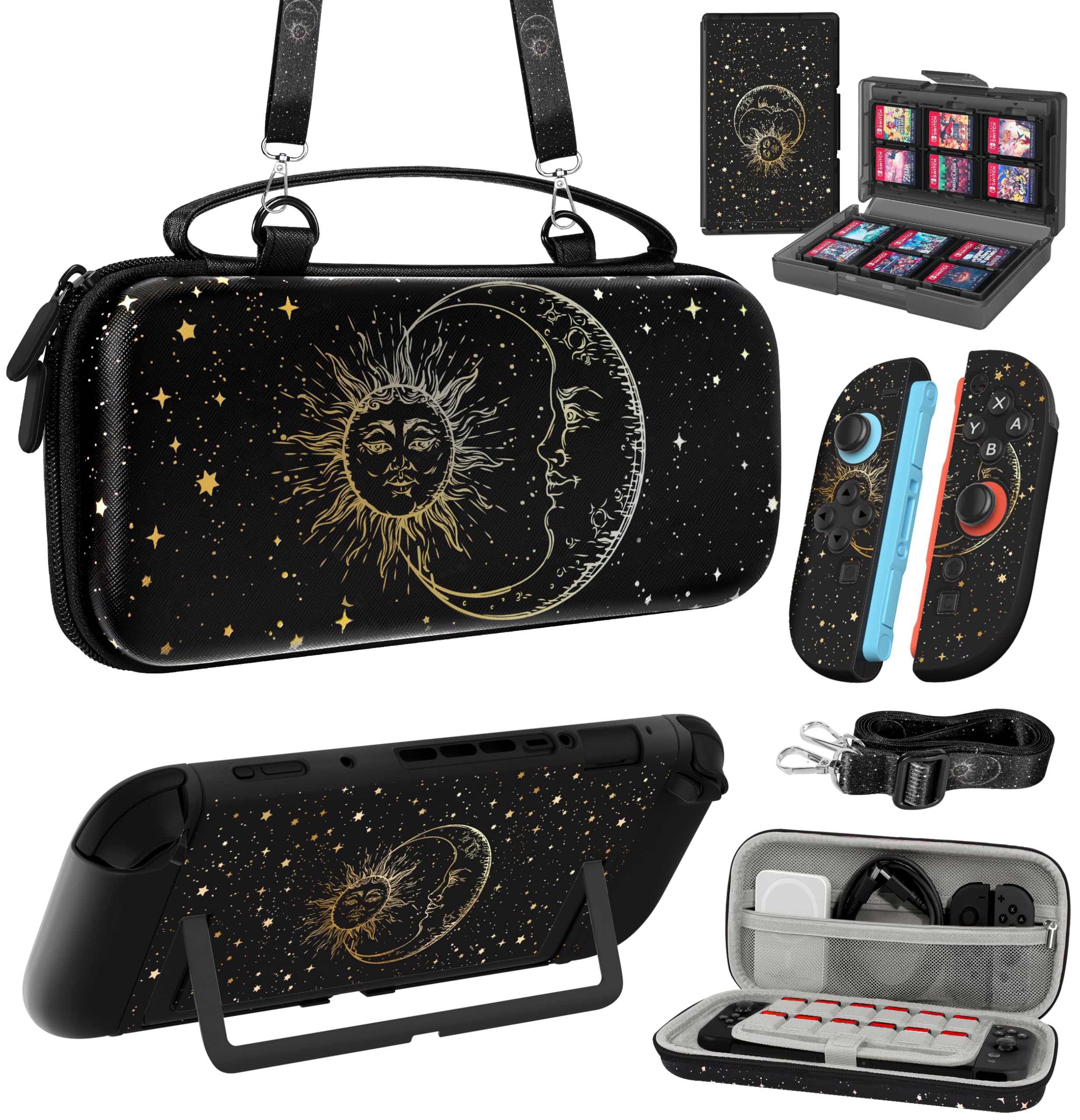 Gurgitat 6in1 Kits Accessories Bundle for Nintendo Switch 2 2025 - Cute Carrying Case, Protective Cover, Joy Con Grips, Thumb Grips, 24 Game Holder, Shoulder Strap Teens Boys Girls, Sun Moon