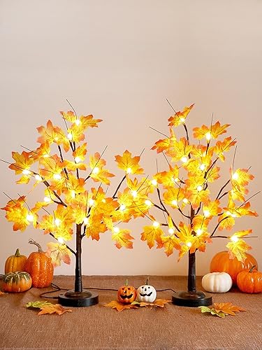 Lámpara LED de árbol de arce, paquete de 2 árboles de otoño iluminados de 24 pulgadas para decoración de Acción de Gracias, 8 modos de iluminación