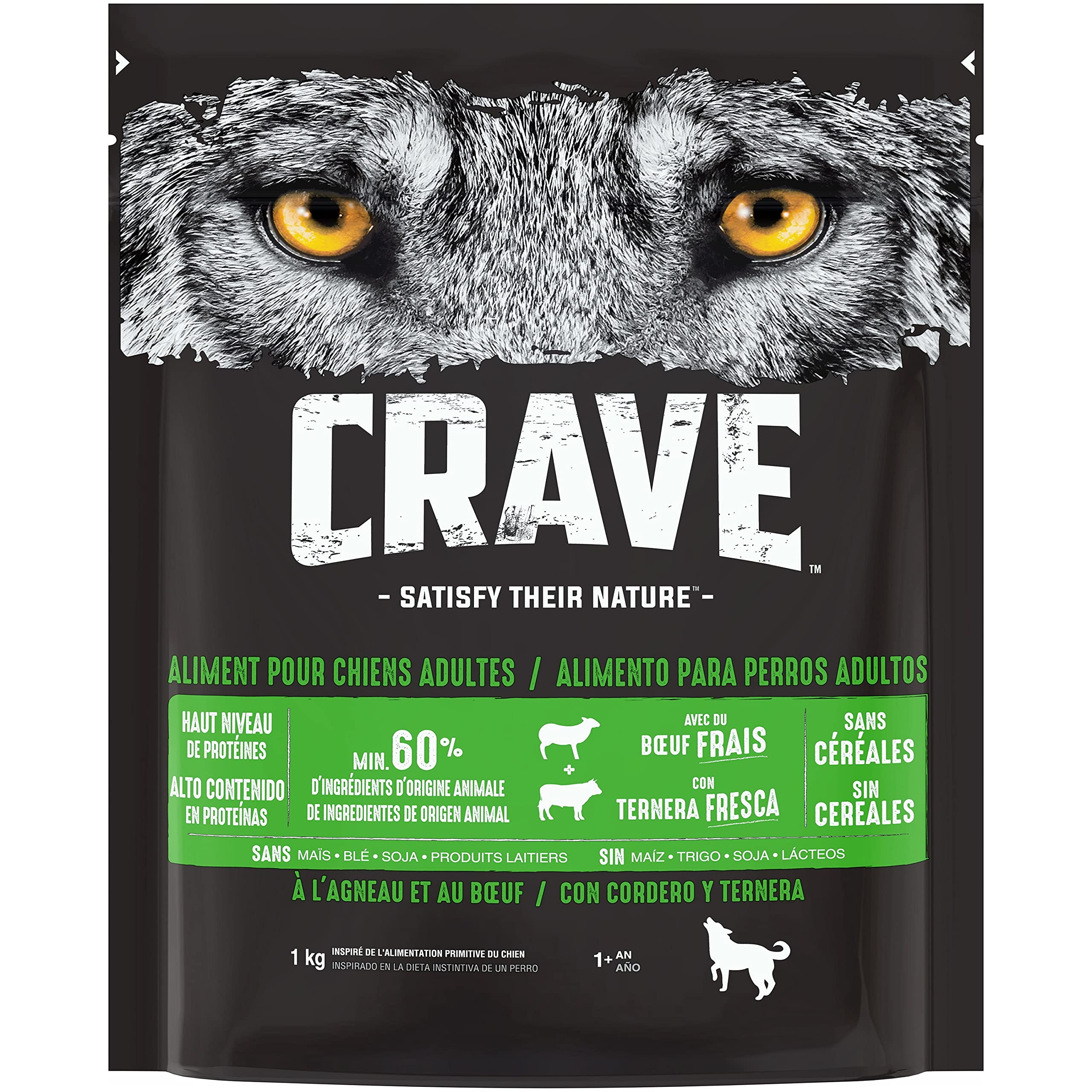 CRAVE Croquetas para Perro Adulto con Sabor Cordero y Carne – 6 Bolsas de 1 kg – Comida Seca sin colorantes, Aromas o conservantes, con un Alto Nivel de proteínas