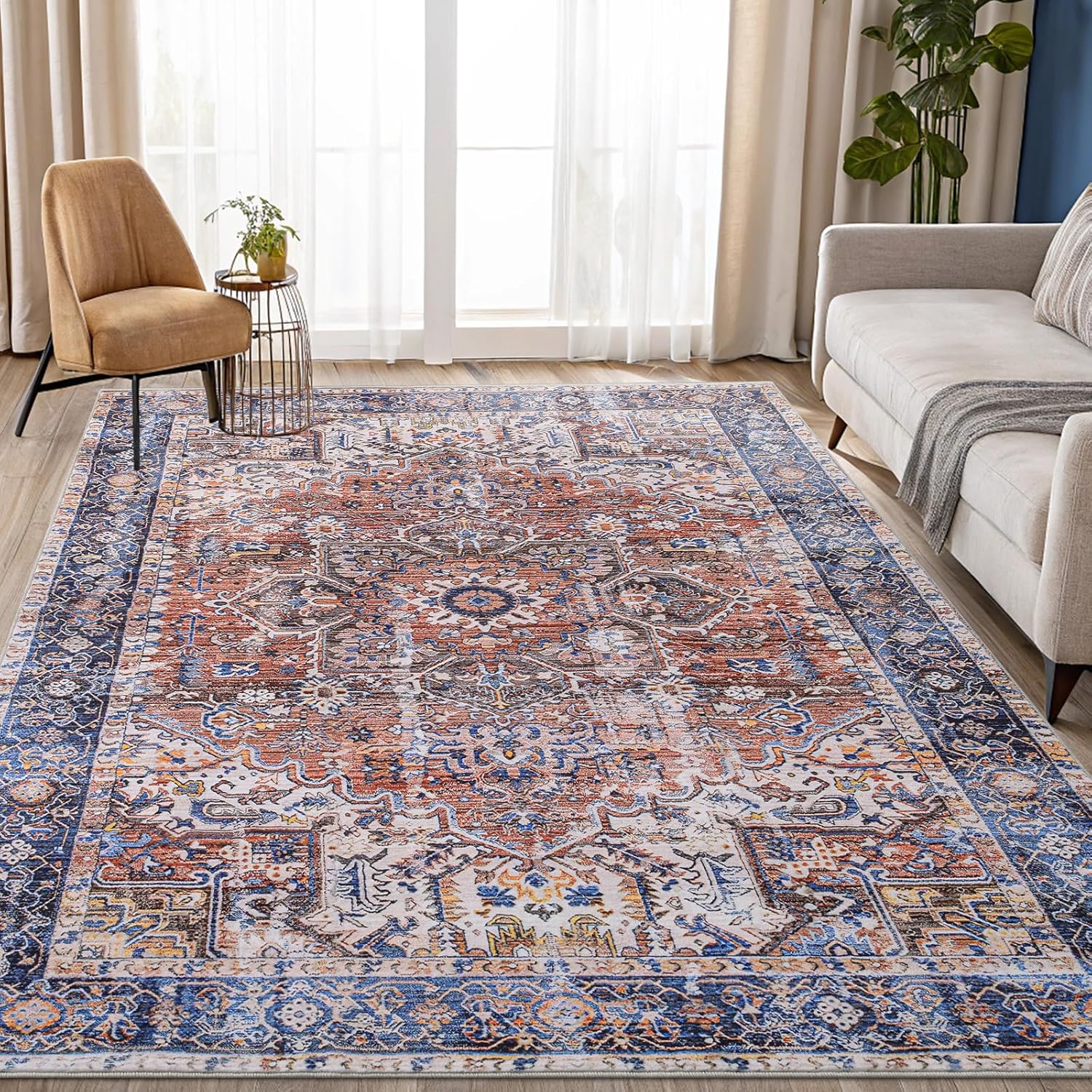 Smiry Area Rugs for Living Room Bedroom, Machine Washable 5x7 Vintage Rug, Soft Plush Bedside Floor Carpet for Farmhouse Nursery Kitchen Laundry Home Decor, Rust/Multi Rust/Multi 5' x 7'