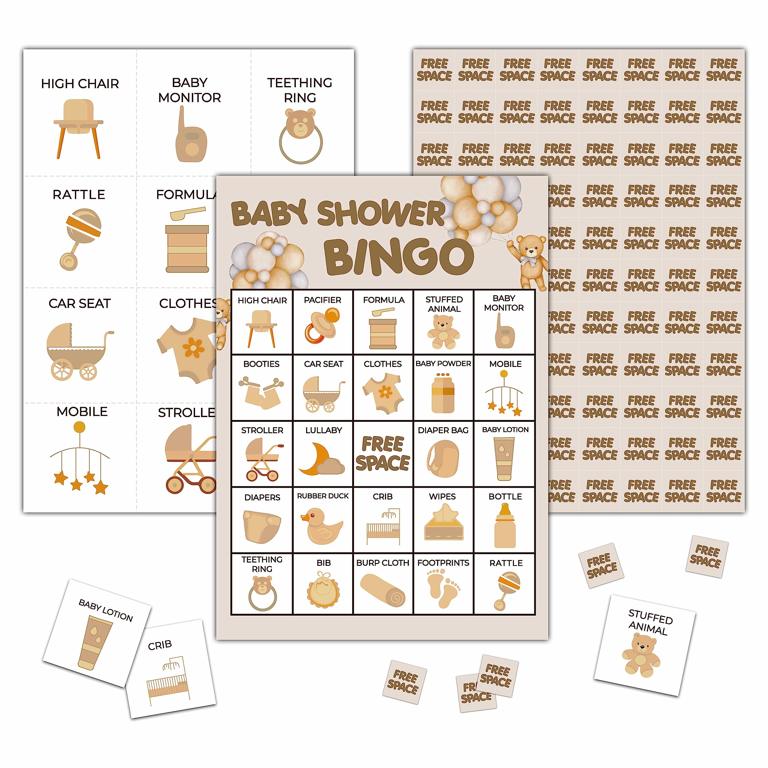 Bear Balloon Baby Shower Bingo Game - We Can Bearly Wait Shower Card - 24 Players Set for Indoor Outdoor Activities - Gender Reveal Party Favors