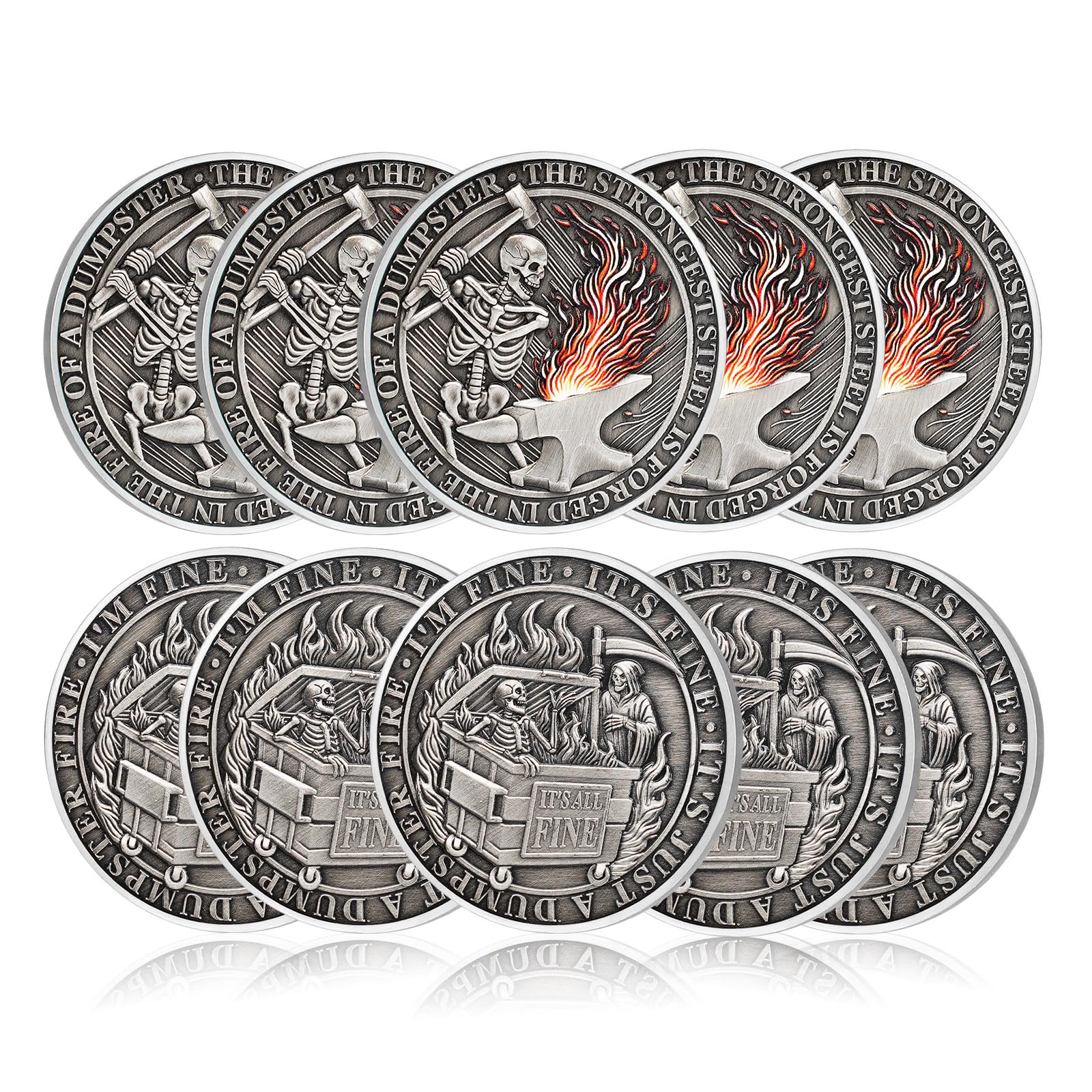 10Pcs Skeleton Dumpster Fire Coin, Grim Reaper Dumpster Fire Challenge Coin - Funny Office Desk Accessories - Novelty Coins Pocket Token - Inspirational Office Gifts for Men Women
