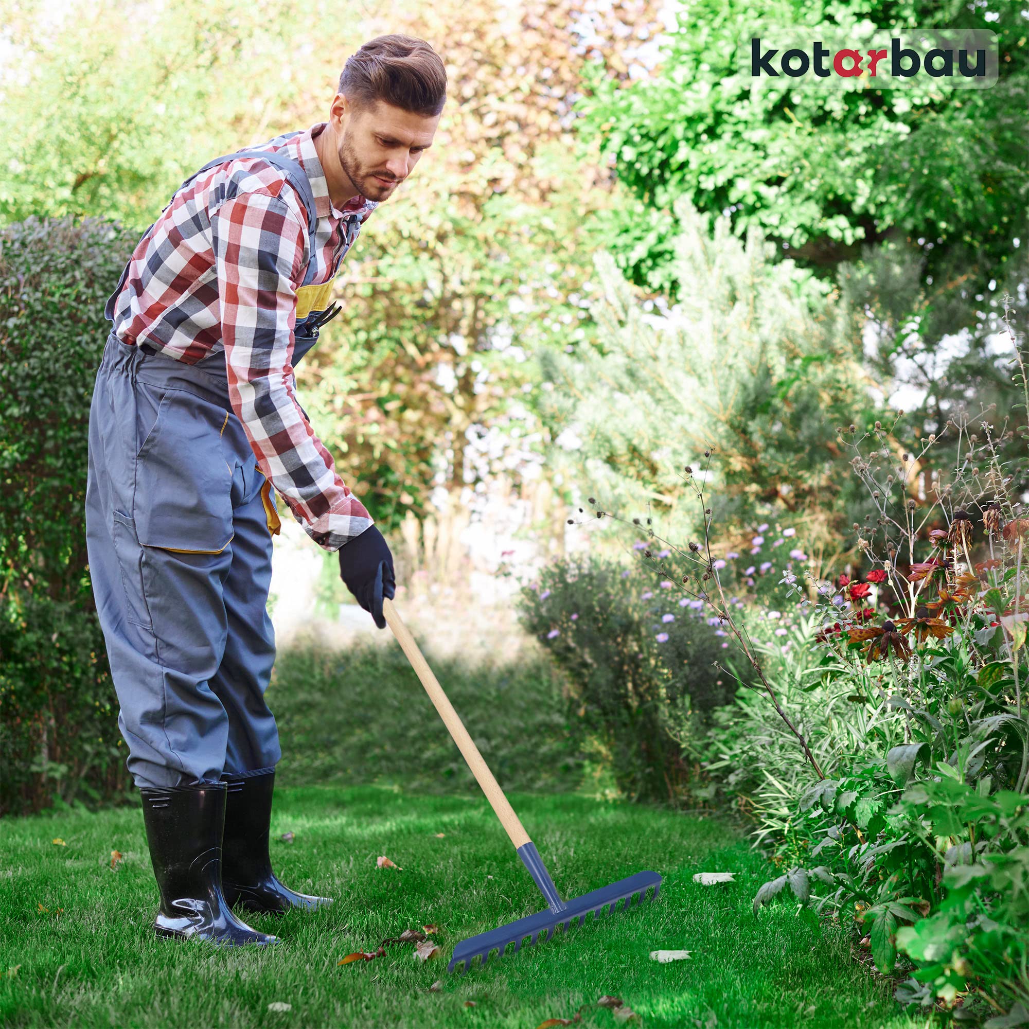 KOTARBAU® Rastrillo Jardin - Acero - 36 cm - Azul Marino - Rastrillo Hojas Jardin - con Mango de Madera 136 cm - 14 Dientes - Herramienta para Cesped y Jardineria