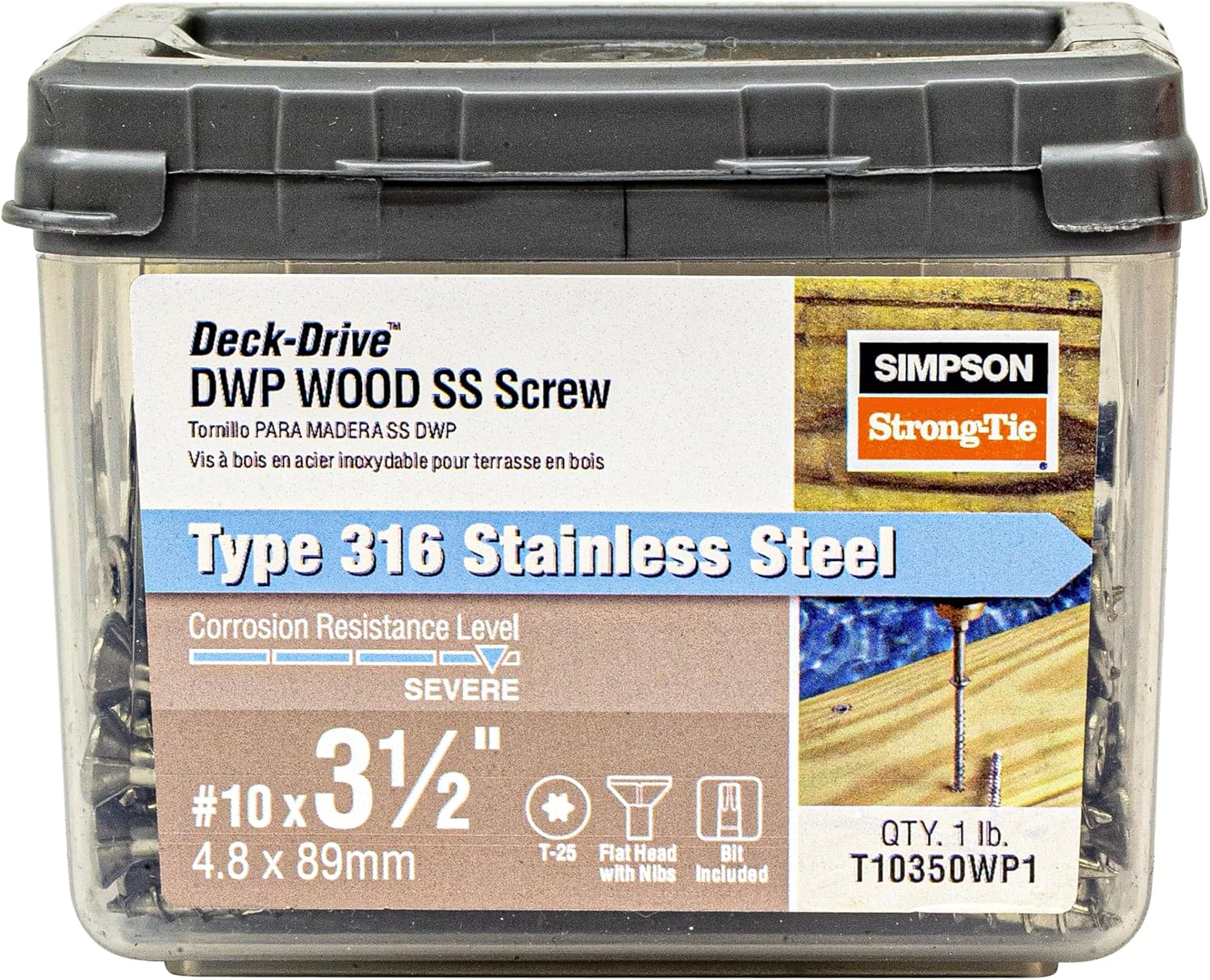 Simpson Strong-Tie T10350WP1 Deck-Drive DWP Wood SS Screw — #10 x 3-1/2 in. T-25, Flat Head, Type 316 (1 lb.)