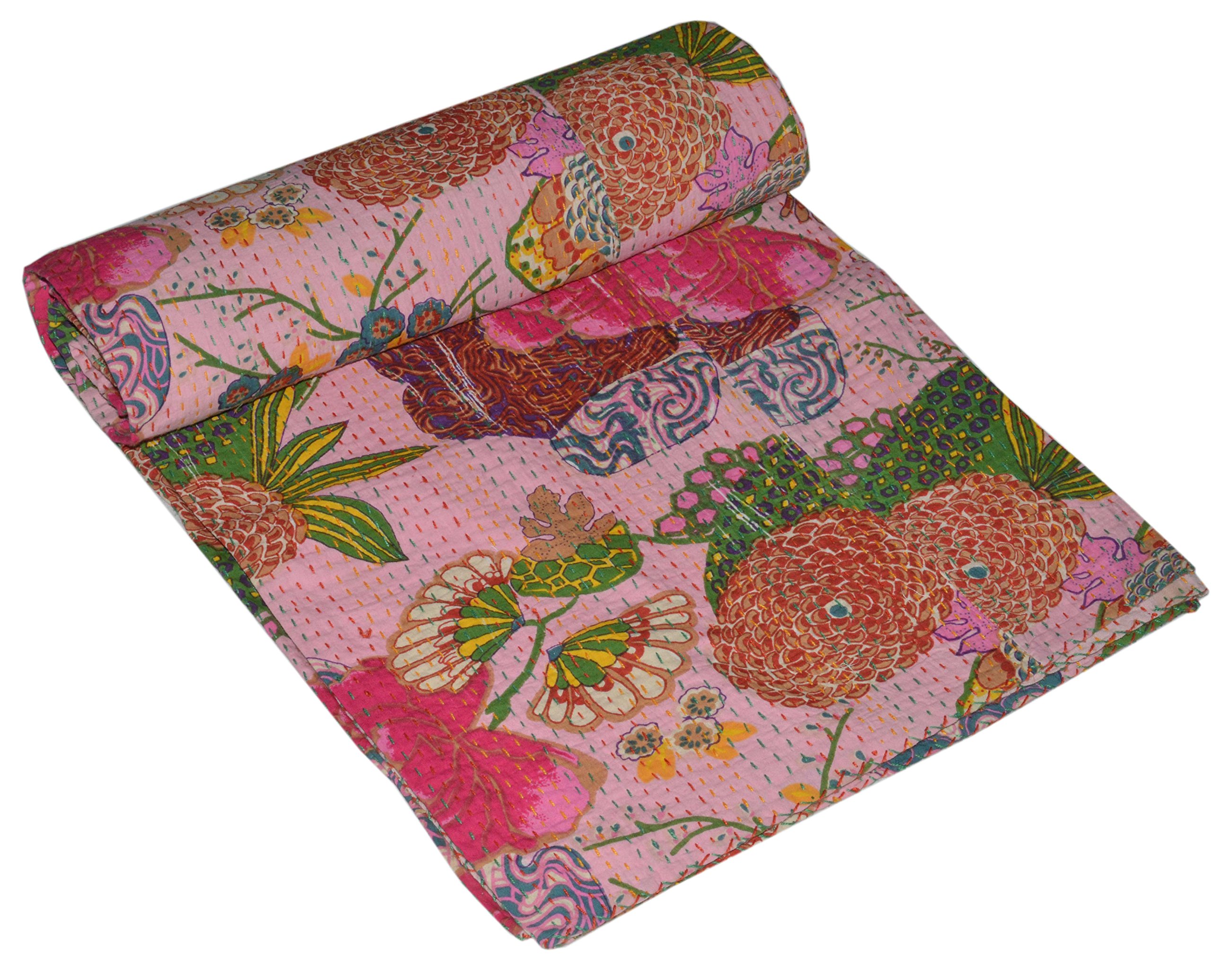 YUVANCRAFTS Couvre-lit Kantha en coton avec impression de fruits - Couvre-lits indiens (Twin_Multicolore)