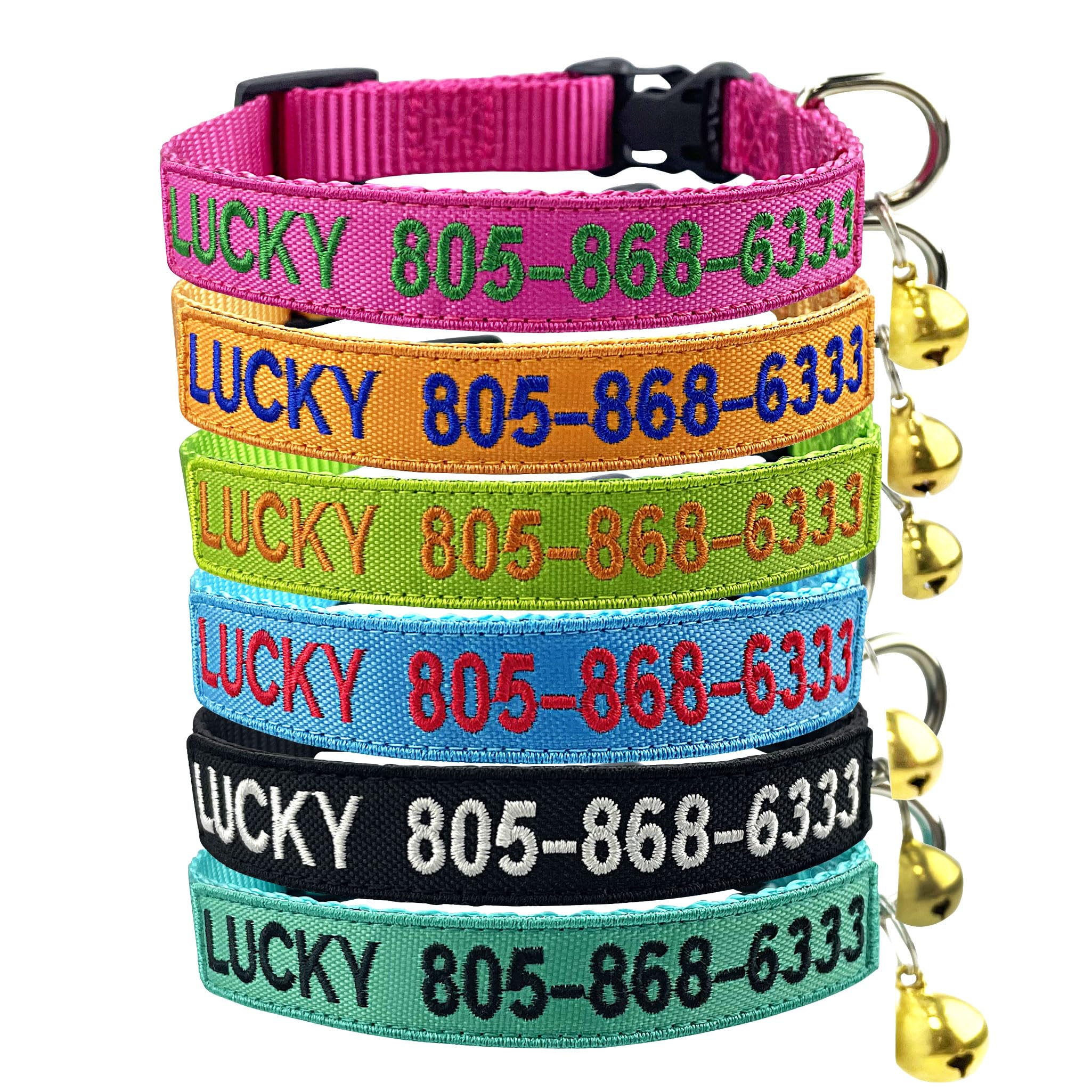 Collar personalizable para gatos de nailon bordado con nombre de mascota y número de teléfono, collar ajustable con campanilla (hebilla irrompible)
