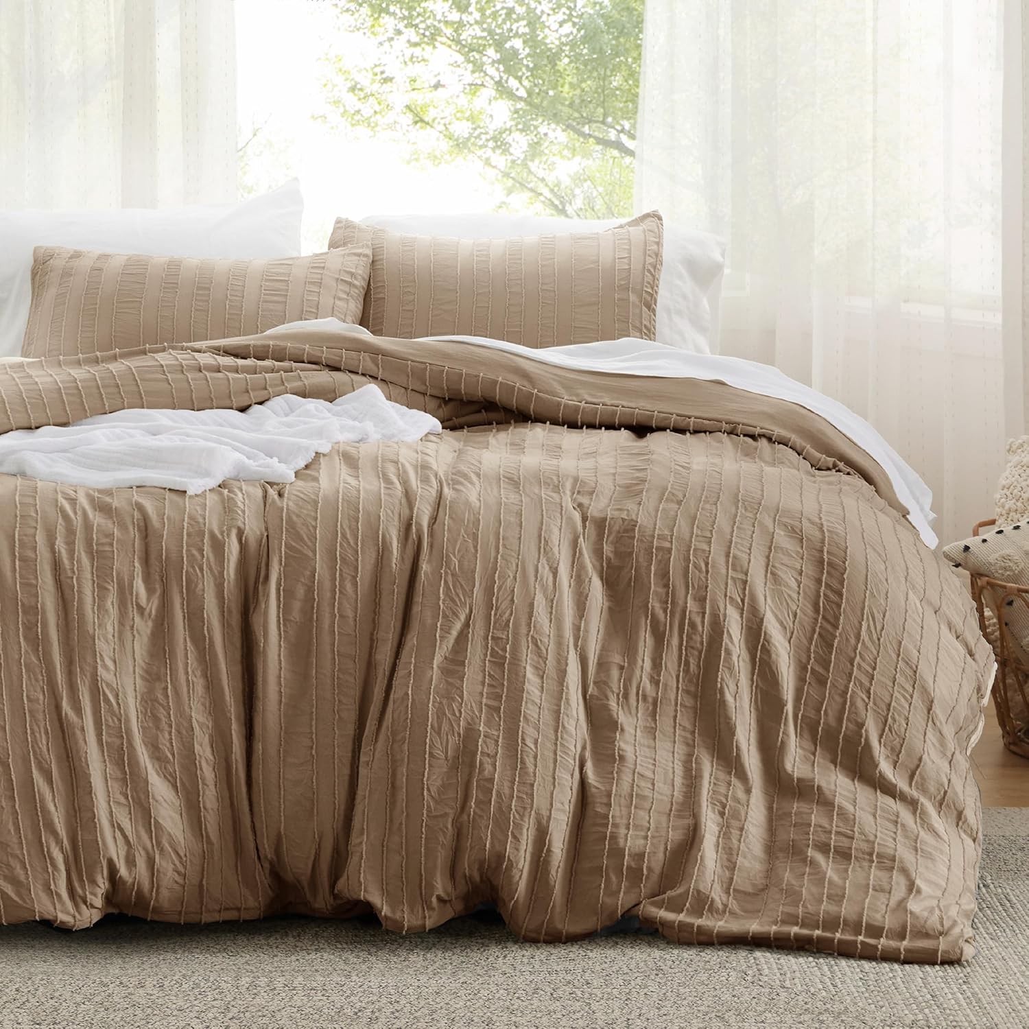 Bedsure Striped Tufted Duvet Cover Queen - Shabby Chic Duvet Cover, 3pcs All-Season Size Boho Bedding for All Seasons, includes 1 Queen Duvet Cover & 2 Pillowcases (Khaki, Queen, 90"x90") 09 - Khaki - Stripe (No Comforter) Queen (90" x 90")