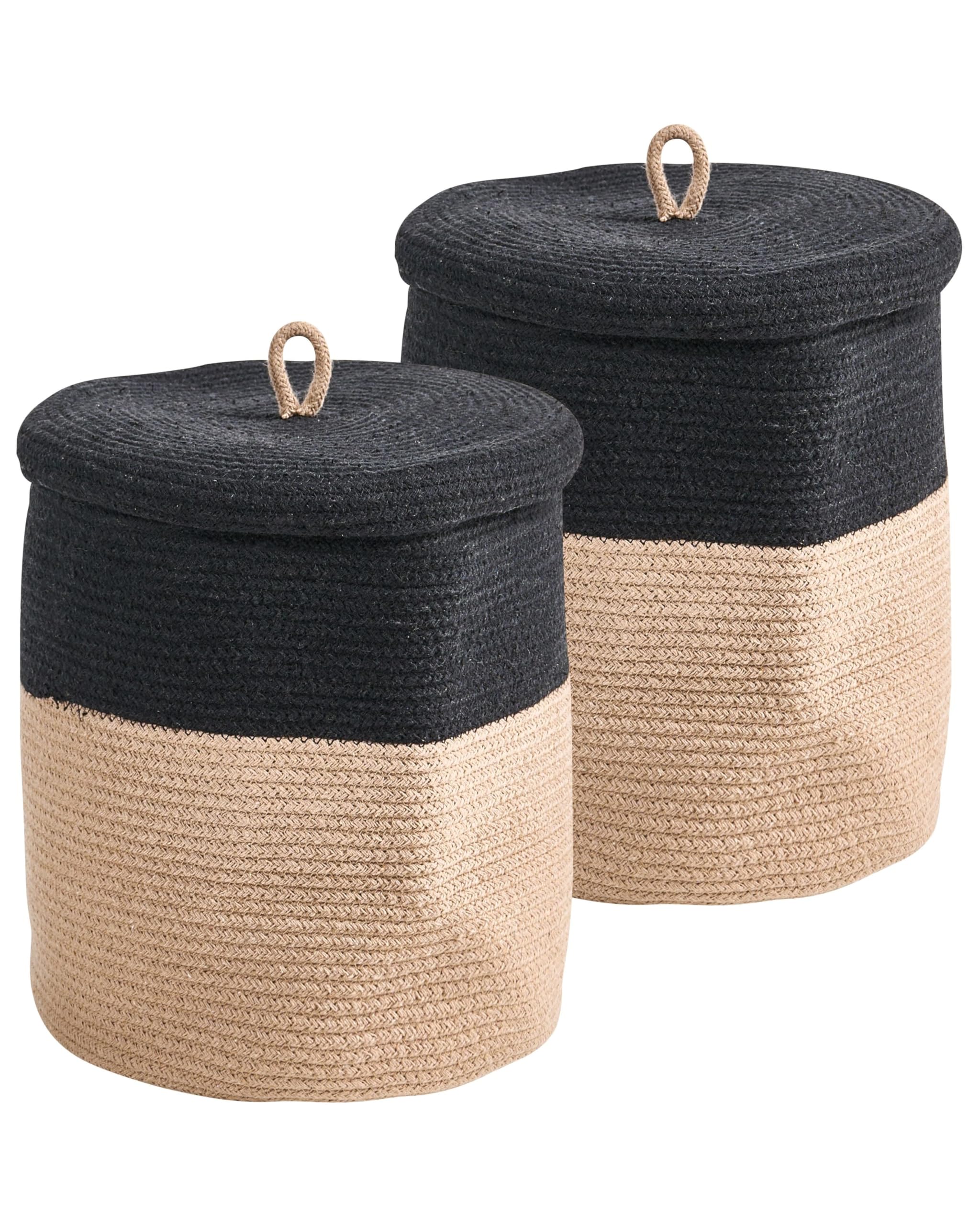 Korb 2er Set Baumwolle beige/schwarz geflochten gestreift mit Deckel Boho-Design Silopi