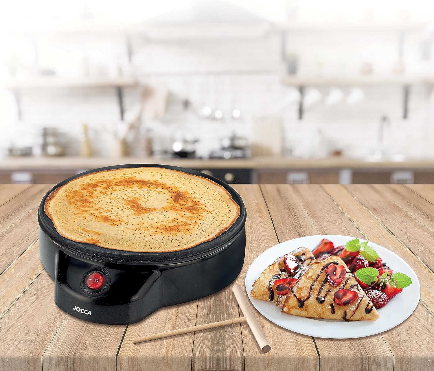 JOCCA Crepe Maker with finished crepes and fruit