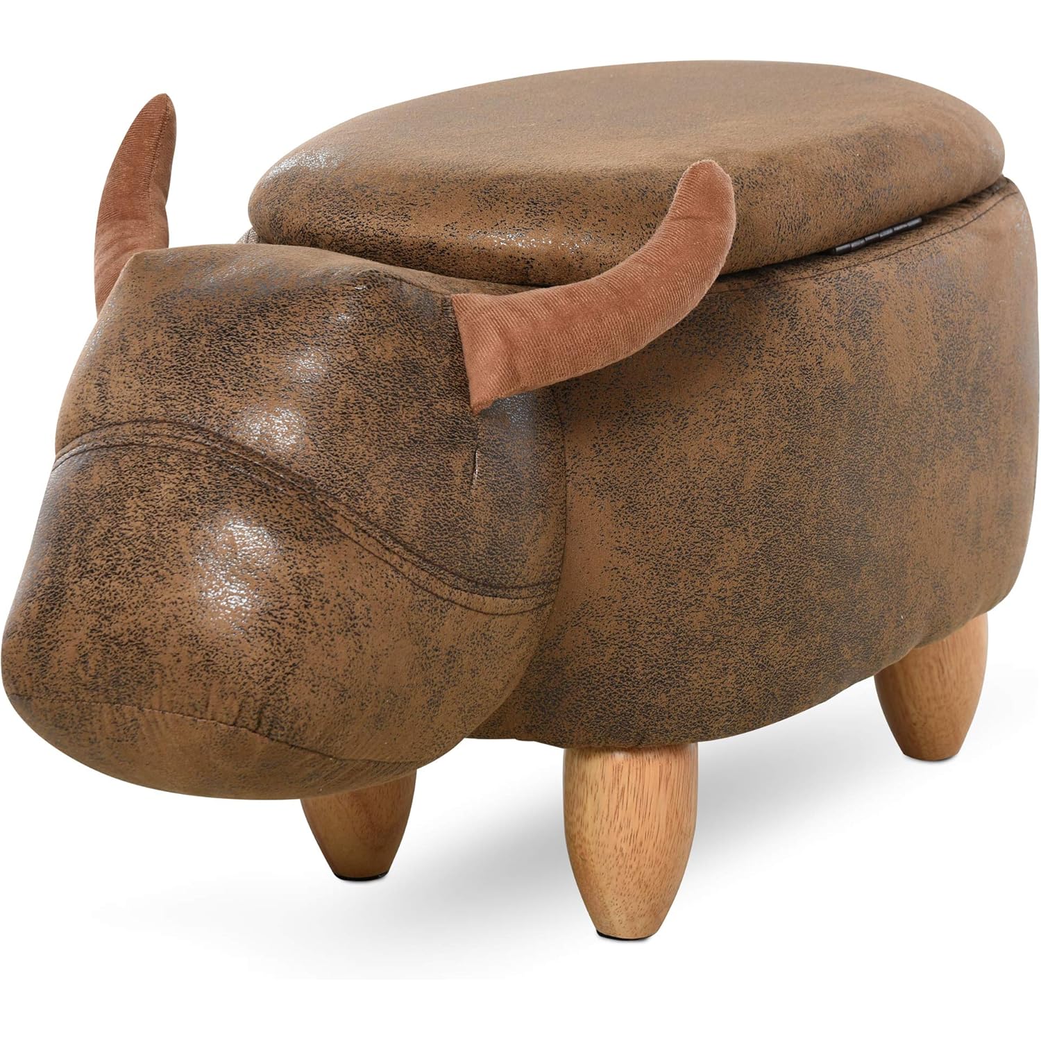 Animal footstool Buffalo Storage Stool Cute Kids Decoration Wood Frame Legs w/Padding Lid