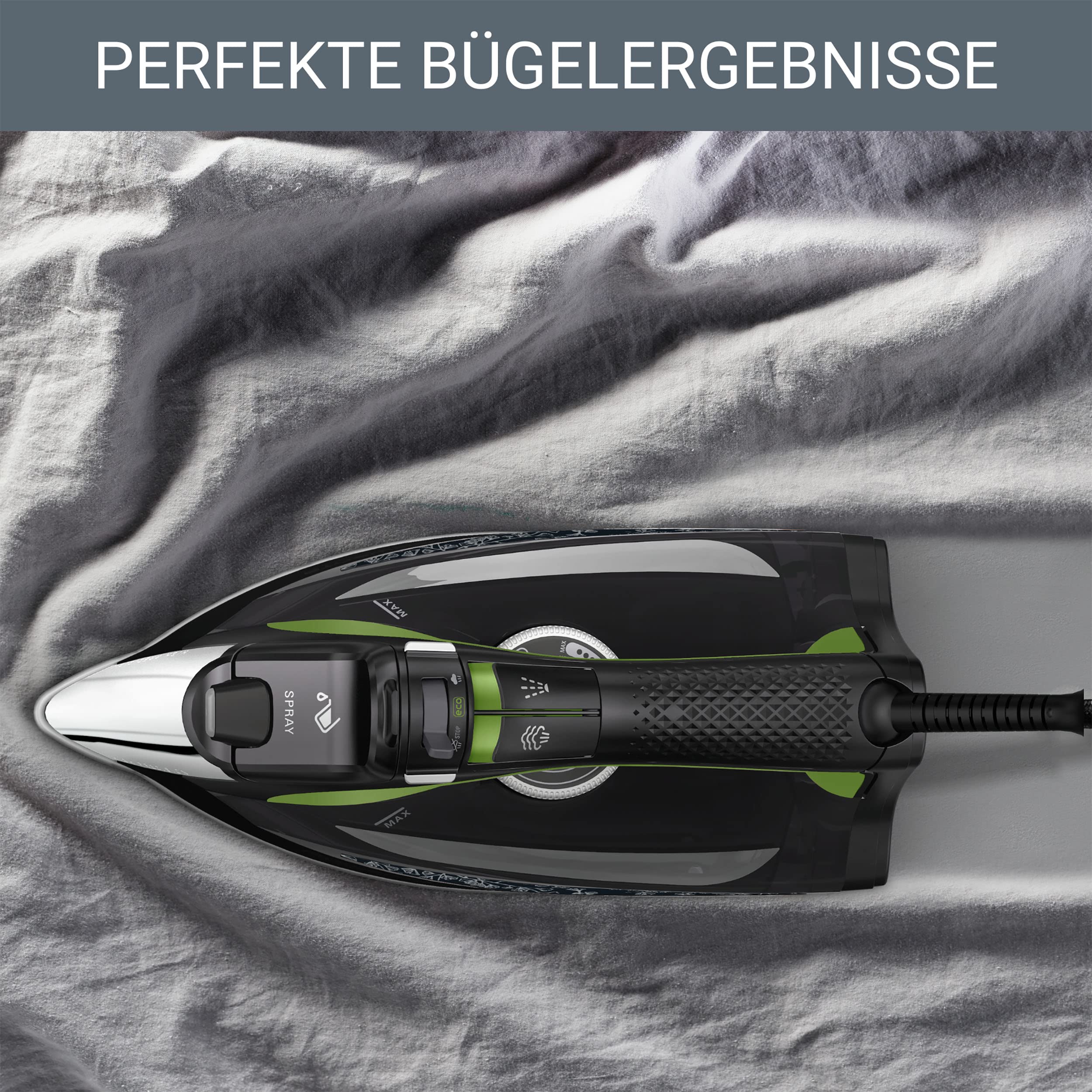 Rowenta Eco Intelligence Dampfbügeleisen, 2700 Watt, kontinuierliche Dampfabgabe: 45 g/Min., Dampfstoß: 180 g/Min., Microsteam400 HD 3De Laserbügelsohle, Anti-Tropf-Funktion, schwarz/grün, DW6330