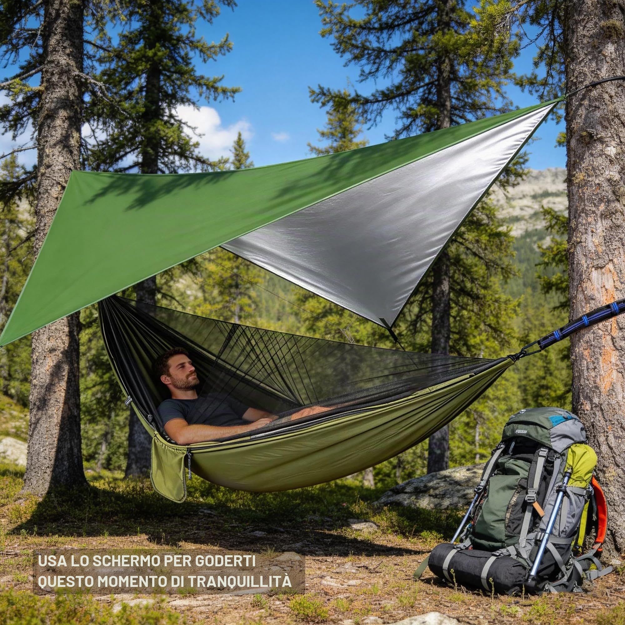 Amaca da Giardino Campeggio Leggera, Amaca da Esterno con Zanzariera e Tenda Parasole, 290x140cm 210T Doppi Strati Nylon Paracadute Amaca Sospesa per Viaggio Escursionismo