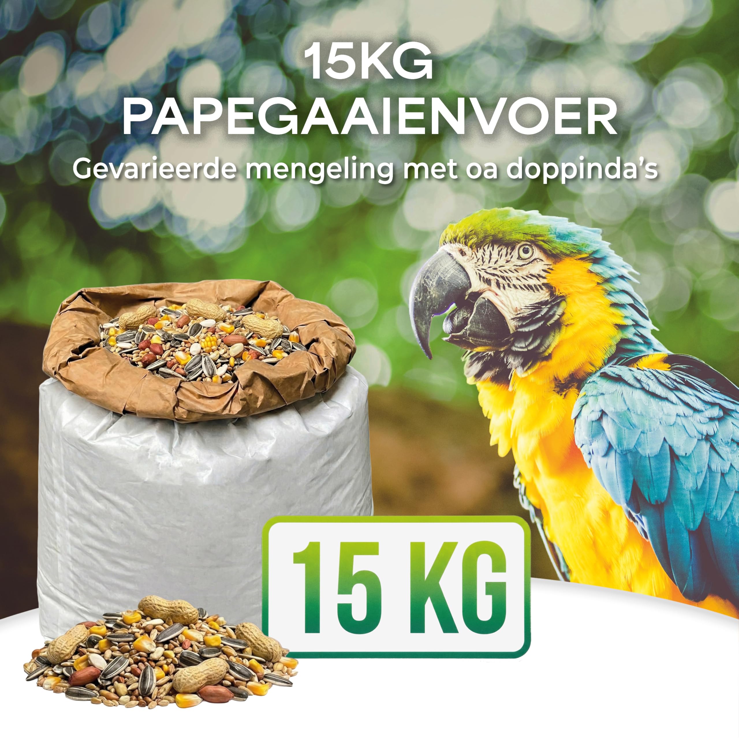 Mélange de graines pour perroquets 15 kg Ara cacatoès amazoniens cacahuètes pépins de soleil 14 ingrédients naturels Emballage économique