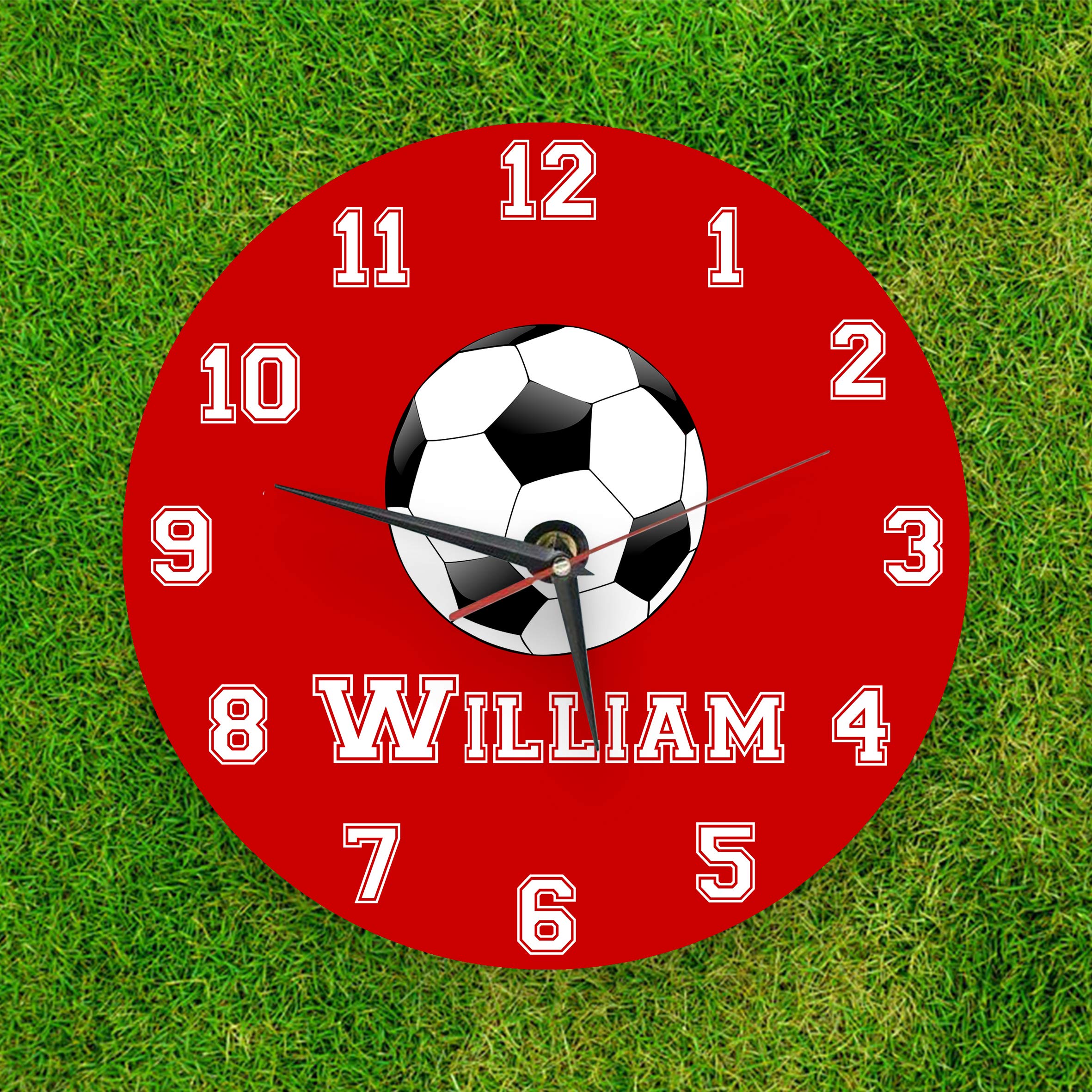 We Personalize Red And White Personalised Glass Wall Clock Football Clock Team Colour With Your Own Name