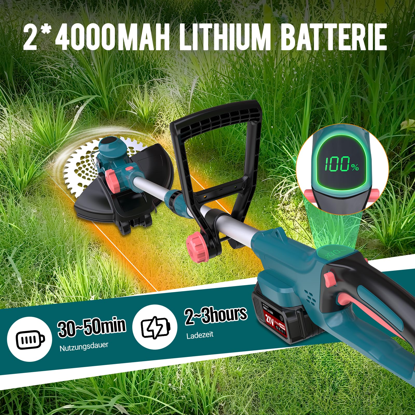Akku Rasentrimmer mit Akku und Ladegerät, 21V Rasentrimmer für Makita Akku, Freischneider Akku - Inkl. 2 X 4.0Ah Batterie, Rasentrimmer mit Unkrautbürste, 90° Schwenkbarer Kopf, für Garten (Blau)