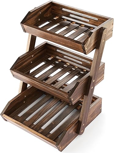 Cesta de fruta de madera de acacia resistente de 3 niveles, 16 pulgadas, nogal