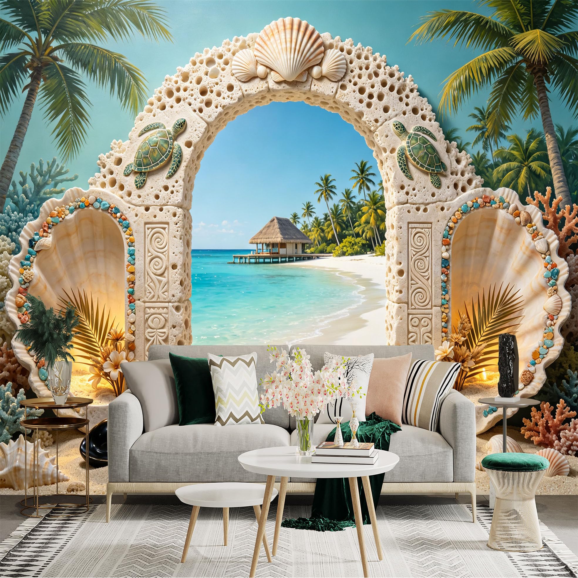 Custom Size Wall Sticker Mural， Tropical Beach Archway with Seashells， Palm Trees and Ocean View， for wall Decoration， peelandstick wall Decals.