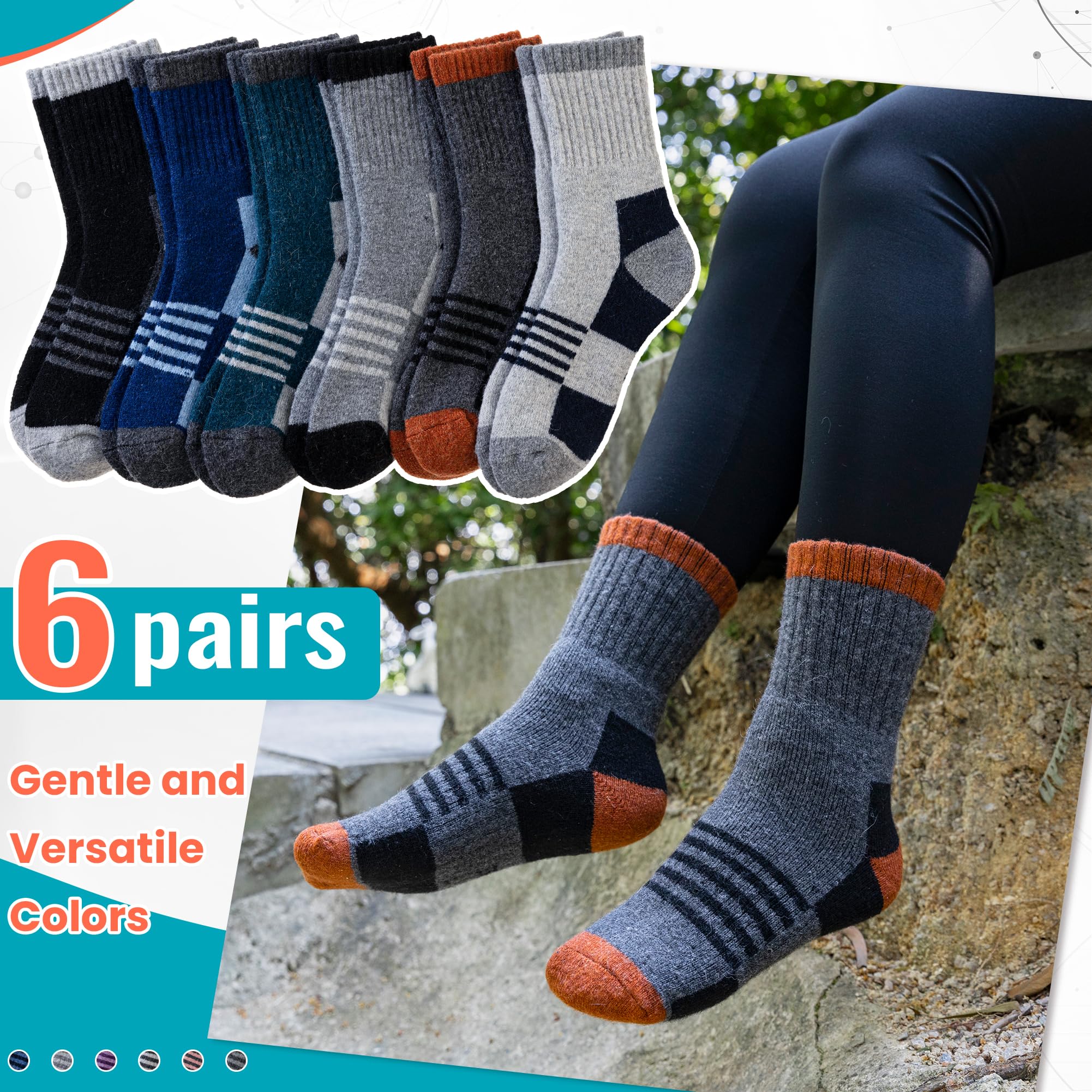 Velice Kids Merino Wool Hiking Socks Toddler Boys Girls Winter Warm Thermal Thick Cushion Crew Boot Socks 6 Pairs(Black/Grey/Blue, 13-15 Years)