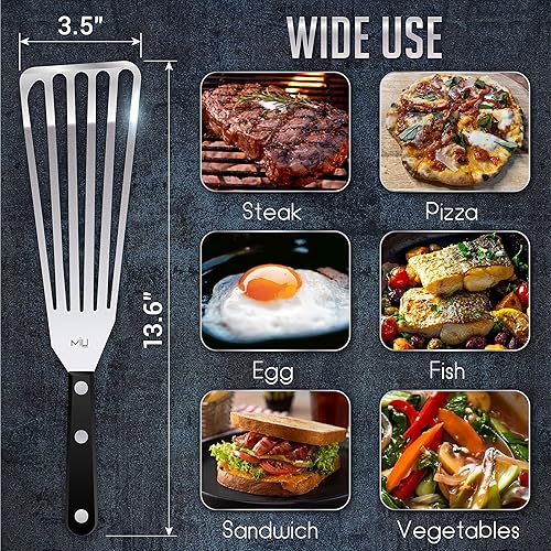 Miniatura 4 de MIU - Juego de 2 espátulas de pescado, tamaño 11 y 13 pulgadas, acero inoxidable, flexible, metal pulido, mango de plástico, espátula ranurada,