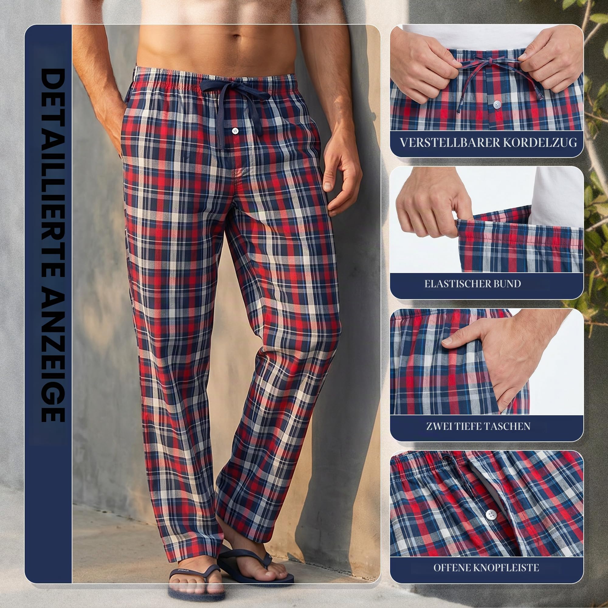 Vulcanodon Schlafanzughose Herren lang 100% Baumwolle karierte Pyjamahose lange Schlafhose Freizeithose, Weiche karierte für Männer (2er-Pack)