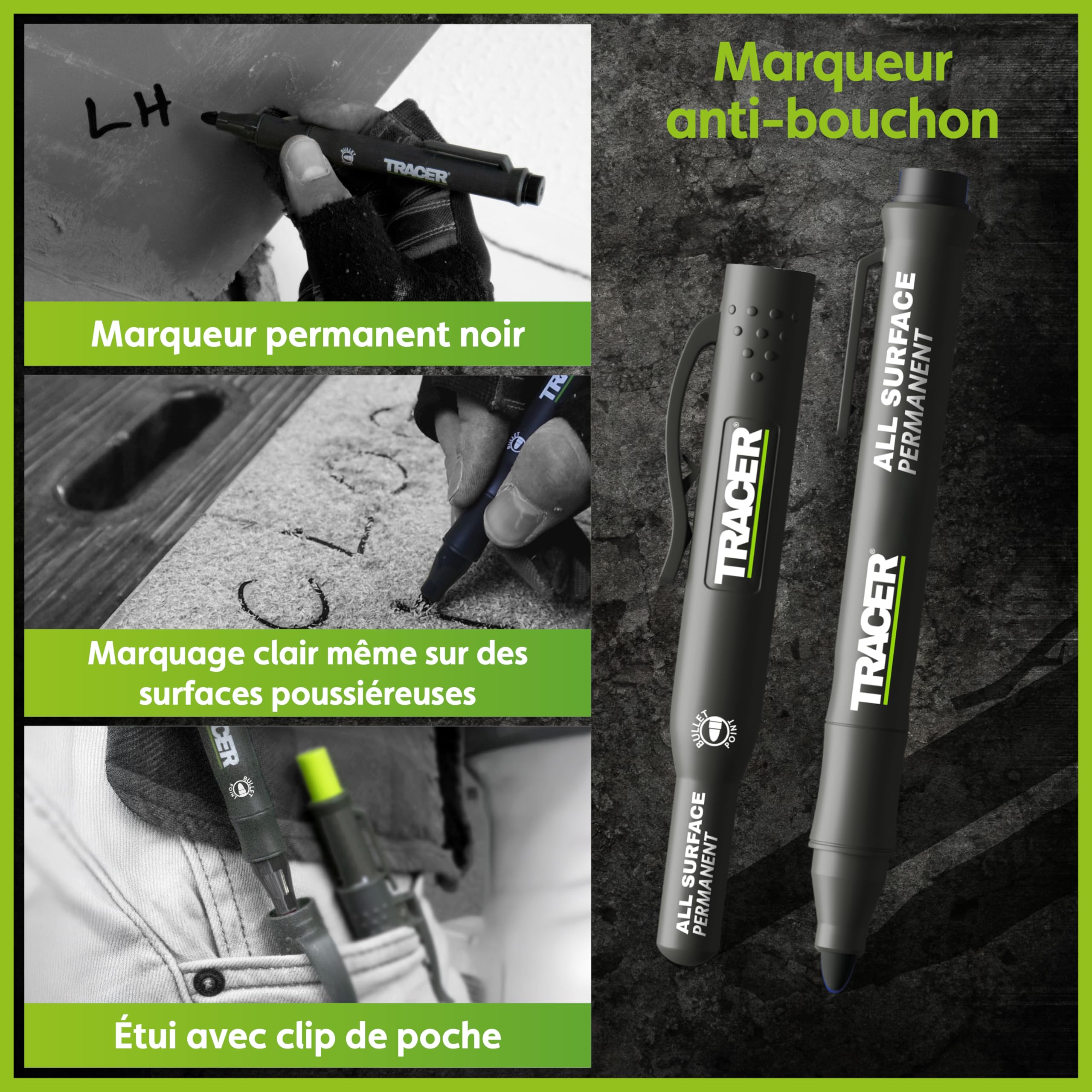 Tracer Kit de 5 marqueurs de construction avec étui de rangement – Crayon de charpentier, 2 marqueurs à pointe longue, marqueur sans obstruction et distributeur de mines de rechange