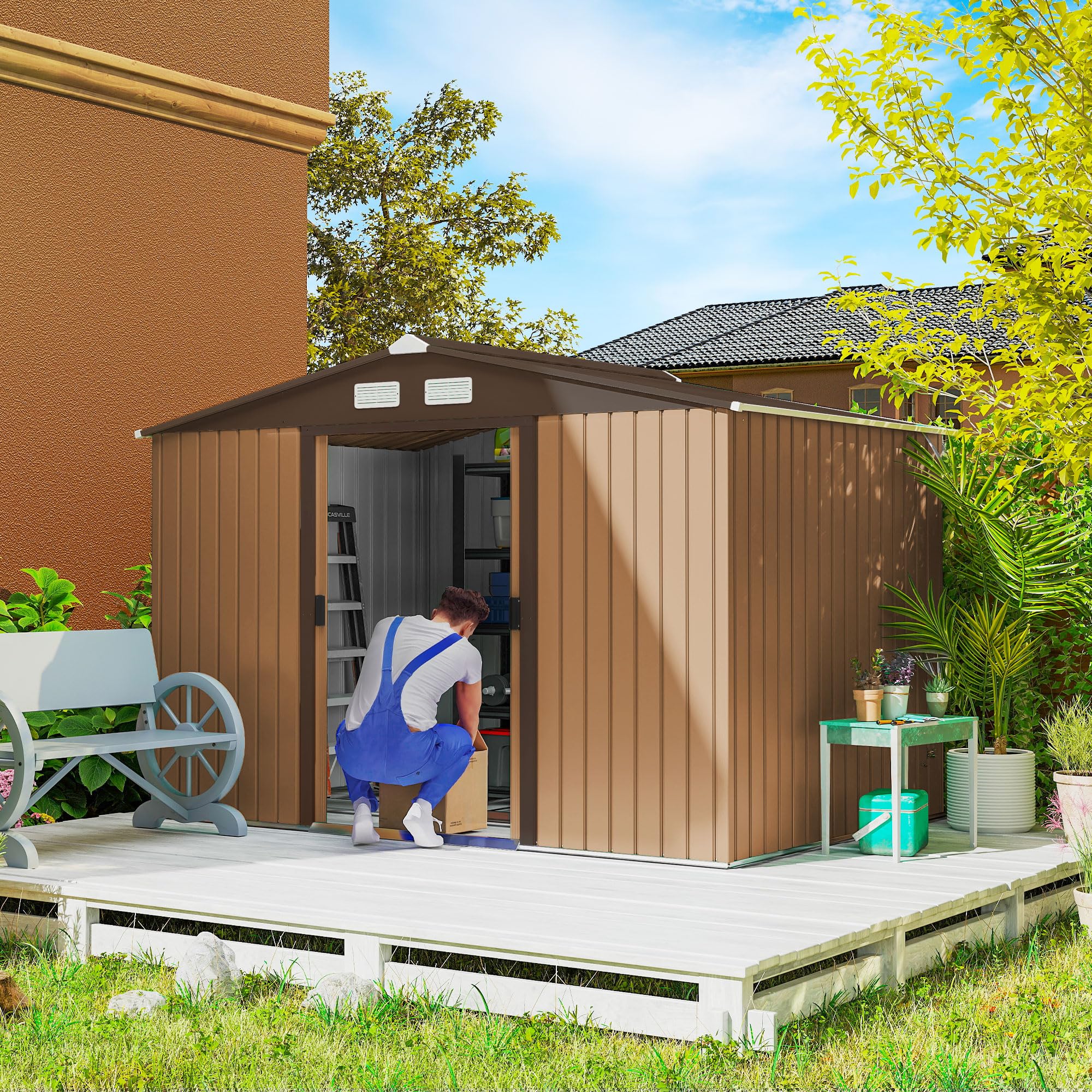 Outsunny 9' x 6' Outdoor Storage Shed, Garden Tool Metal Shed with Foundation Kit, Double Lockable Door, Air Vents and Sloping Roof, for Backyard, Patio, Lawn, Yellow