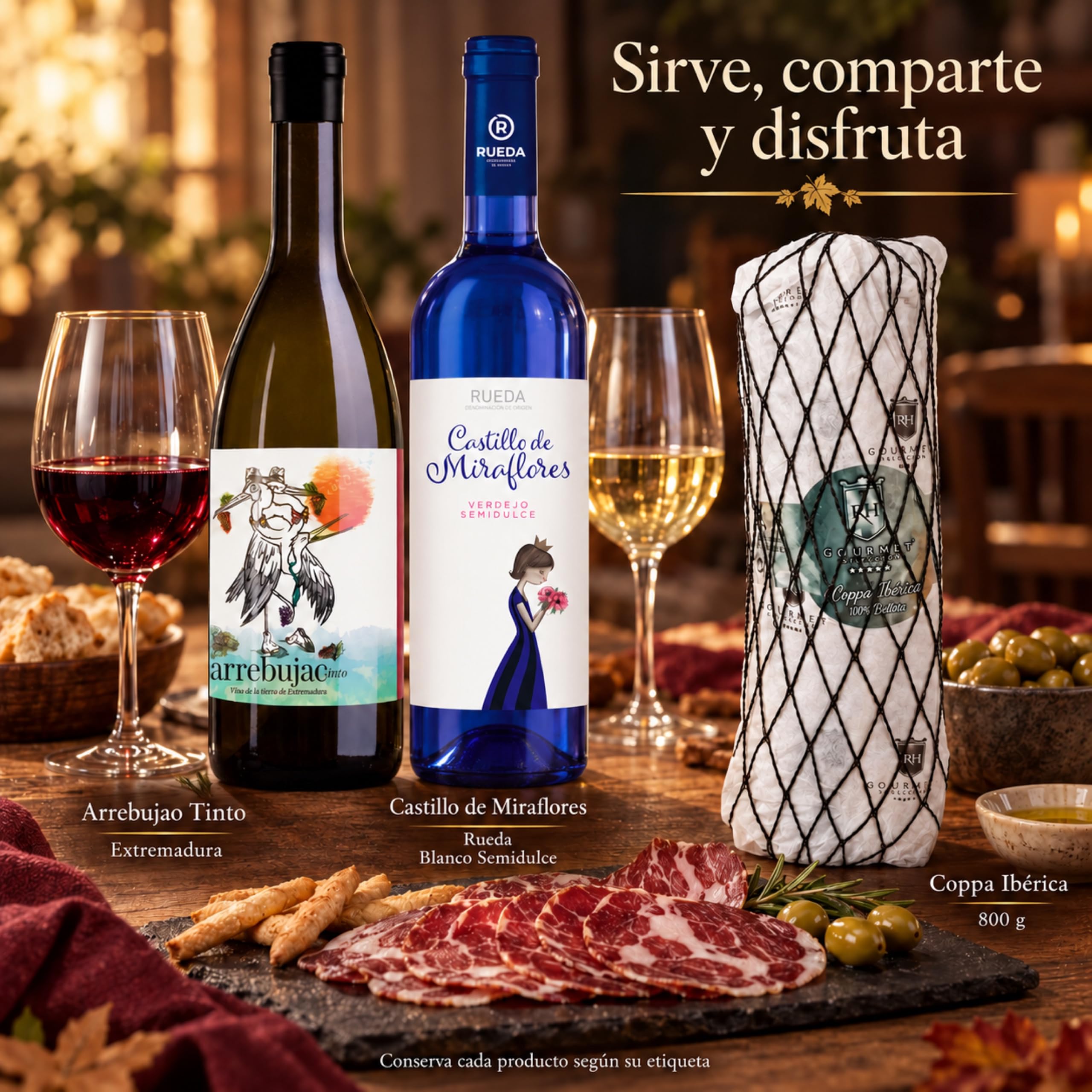 Cesta gourmet Navidad Arrebujao Tinto y Castillo de Miraflores con coppa ibérica de bellota 100% 800 g RH Gourmet, pack de 2 botellas 75 cl