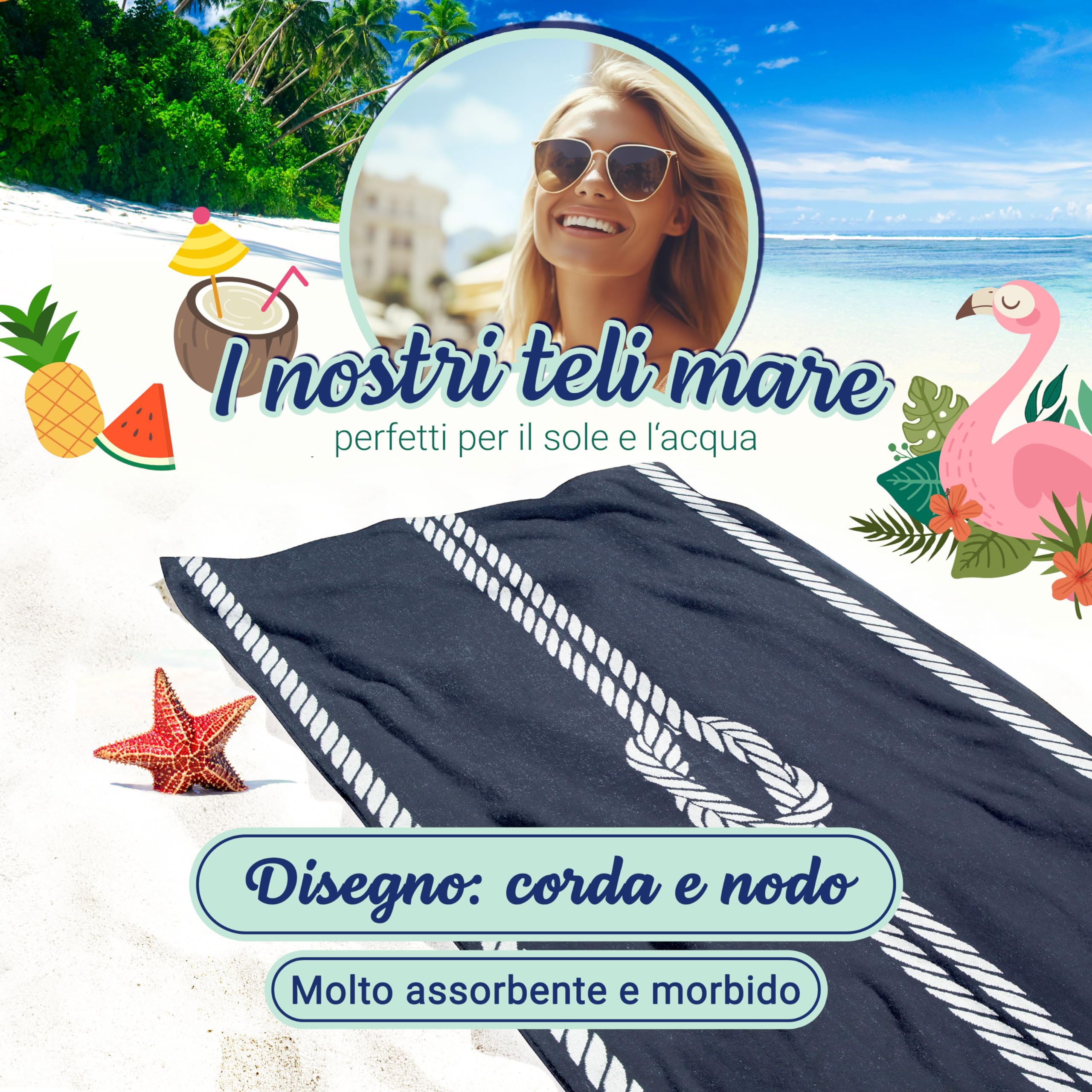 ZOLLNER Telo mare 100x200 cm - asciugamano da spiaggia assorbente e resistente - lavabile a 60°C - Cotone - Design blu con nodo marino e corda bianco - Certificato Oeko Tex (R)