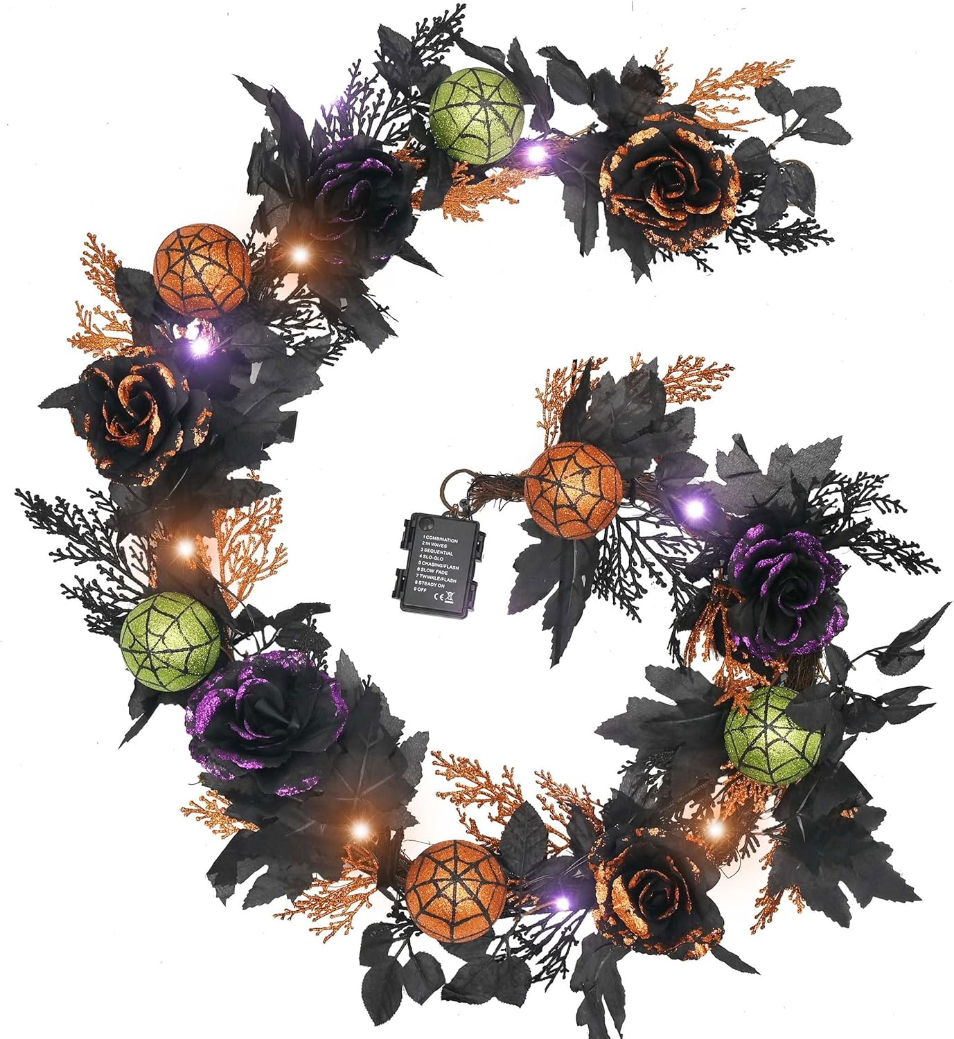 Valery Madelyn Halloween Garland with Lights, 6 Feet Pre-Lit Orange Purple Roses Black Maple Leaves Green Ball Ornaments Garland Decorations for Indoor Table Centerpiece Mantle Party Holiday Decor