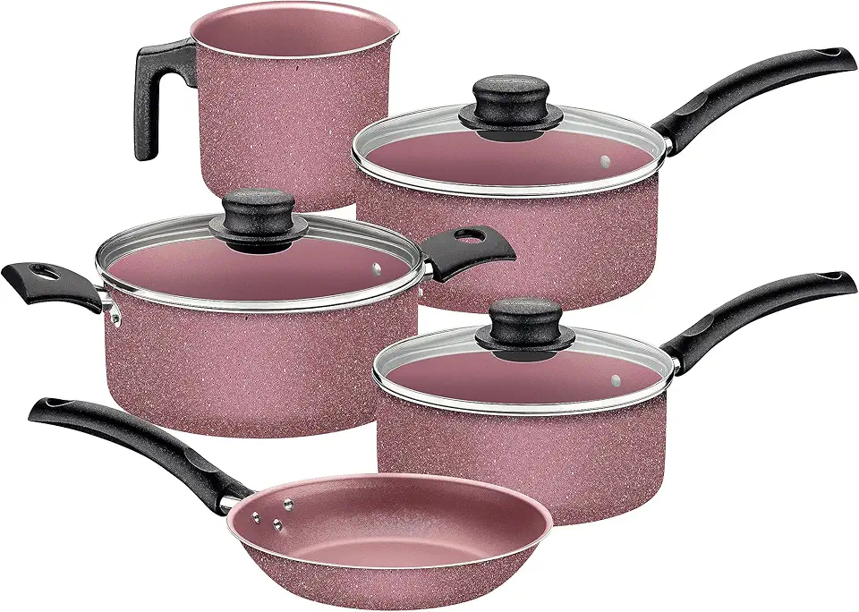 Jogo de Panelas Tramontina Turim em Aluminio com Revestimento Interno e Externo em Antiaderente Starflon Max Rosa 05 Peças