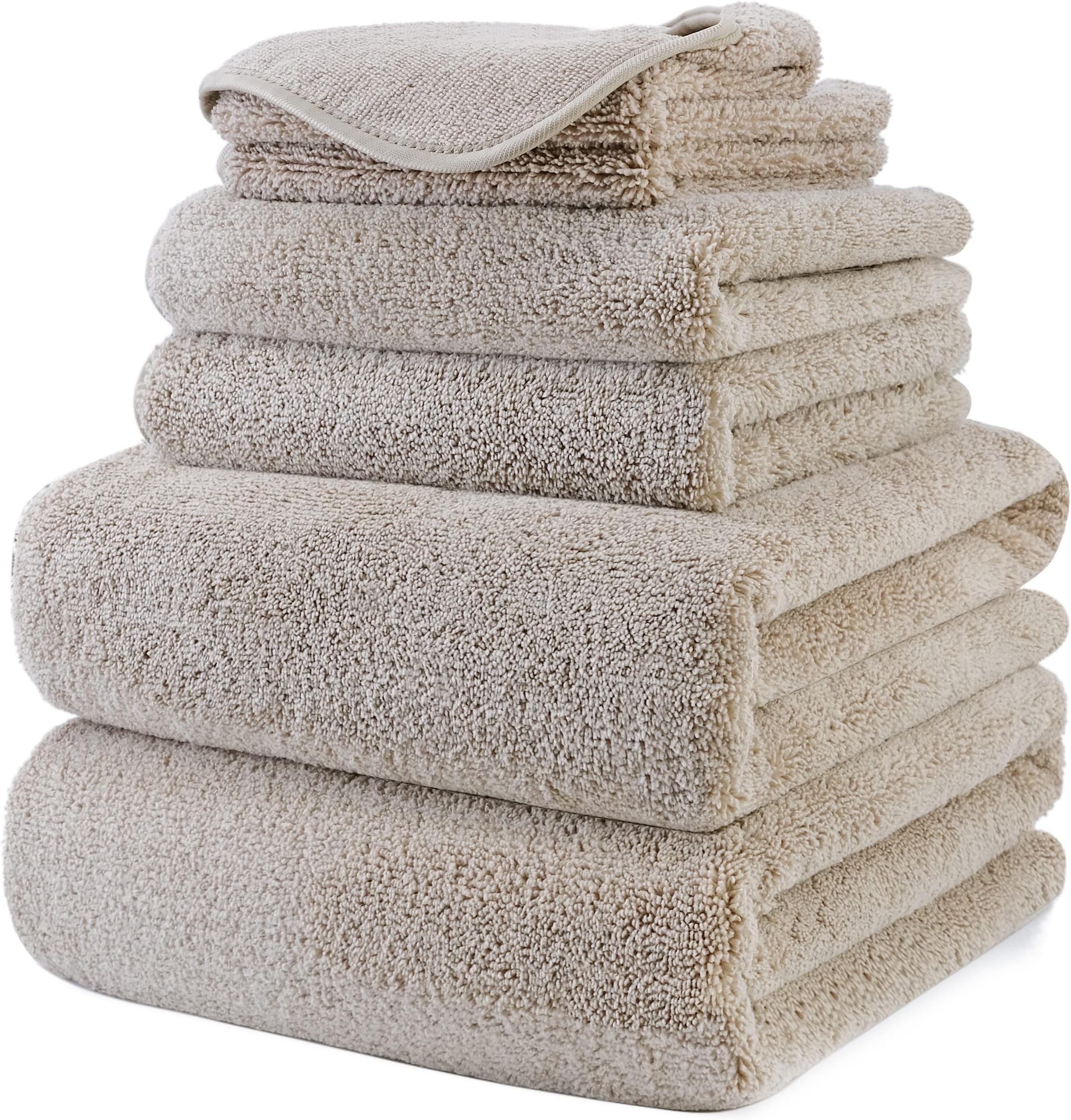 POLYTE Plush Quick Dry Lint Free Microfibre Bath Towel Set, 6 Pieces (Beige)