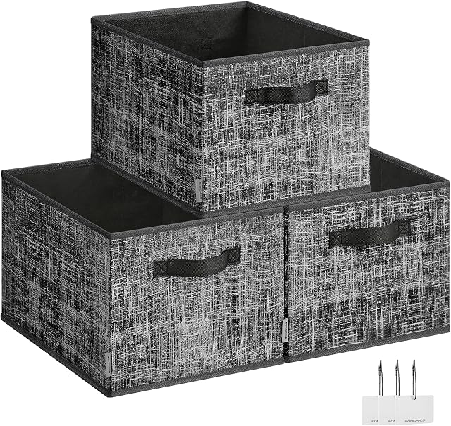 SONGMICS Storage Cubes, 40 x 30 x 24 cm Non-Woven Fabric Bins with Double Handles, Set of 3, Closet Organizers for Shelves, Foldable, for Clothes, Ink Black UROB440B01