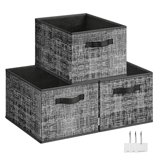 SONGMICS Storage Baskets, Set of 3 Fabric Storage Bins, 15.7 x 11.8 x 9.5 Inches, Foldable Closet Organizer for Shelves, 2 Handles, Label Holders, for Bedroom, Living Room, Ink Black UROB440B01