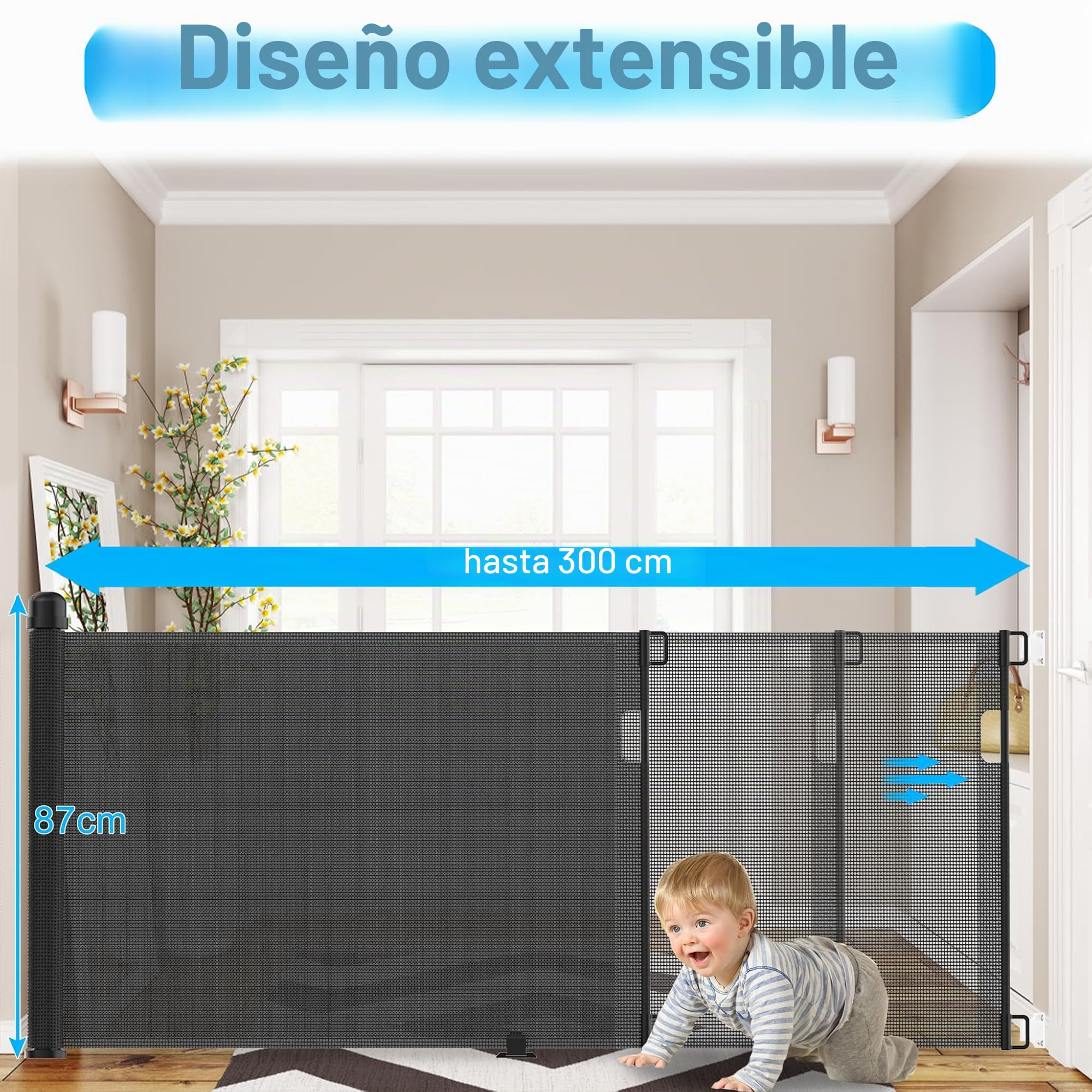 YRHome - Barrera de protección extensible de 0 a 300 cm, para bebé y mascotas, para escaleras, puertas, interior y exterior, color negro
