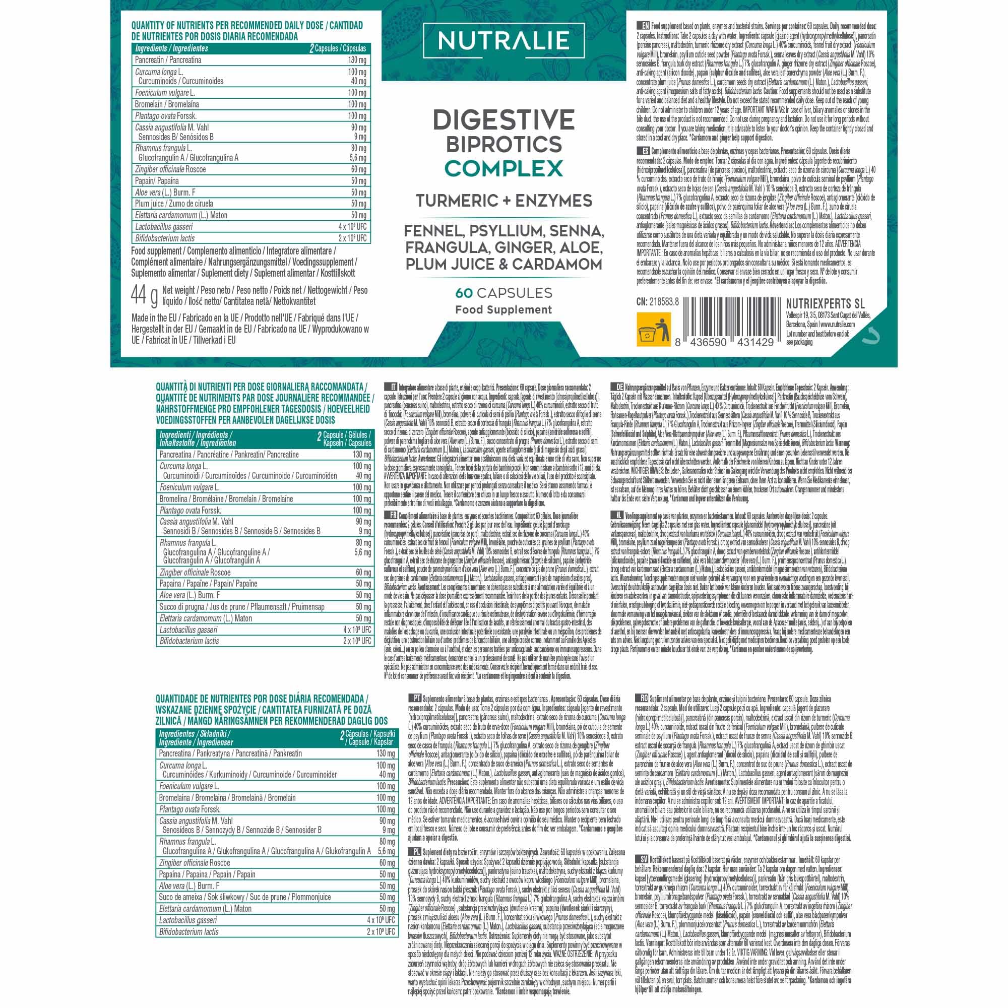 Probiótico Digestivo Complex - Cúrcuma + Enzimas + Hinojo + Psyllium + Senna + Frángula - 60 cápsulas Digestive Complex Nutralie