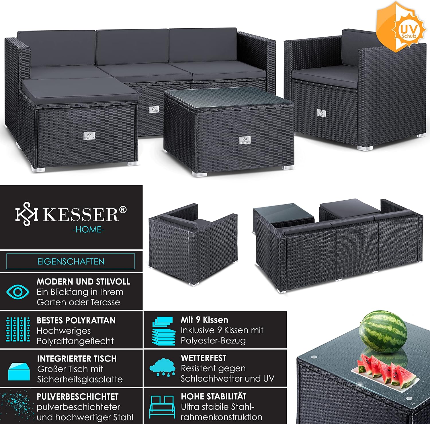 KESSER® Aruba Polyrattan Lounge - Garden Lounge for 4-5 People - Garden Furniture Set - Group of 3 Seat Furnitures: Garden Sofa, Armchair, Stool - Garden Furniture