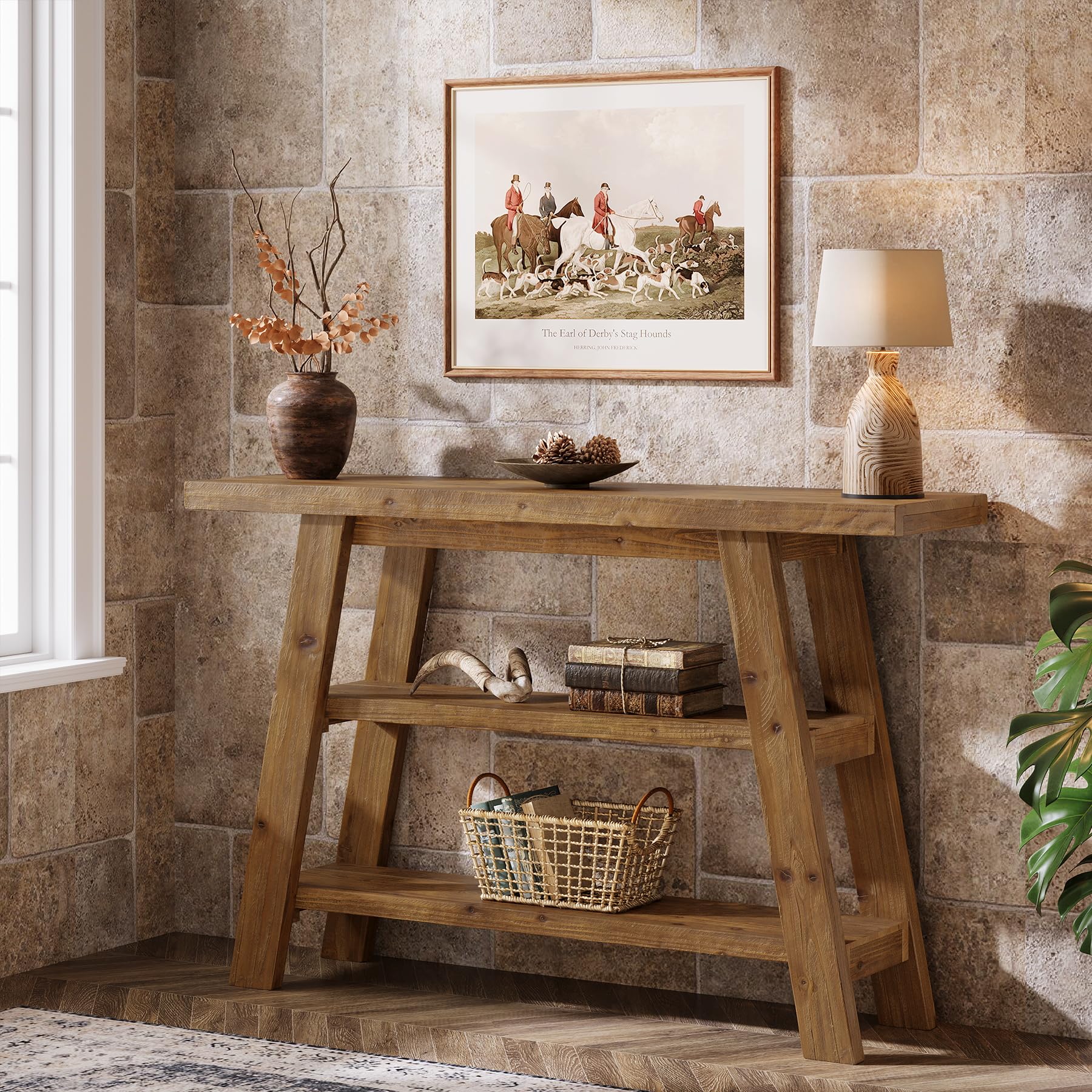 Massivholz-Konsolentisch, 120 cm langer Landhaus-Eingangstisch mit 3-stufigen Regalen, rechteckige Couch-Tische hinter dem Sofa, schmale Akzenttische für Flur, Eingang, Foyer, Wohnzimmer (Braun)