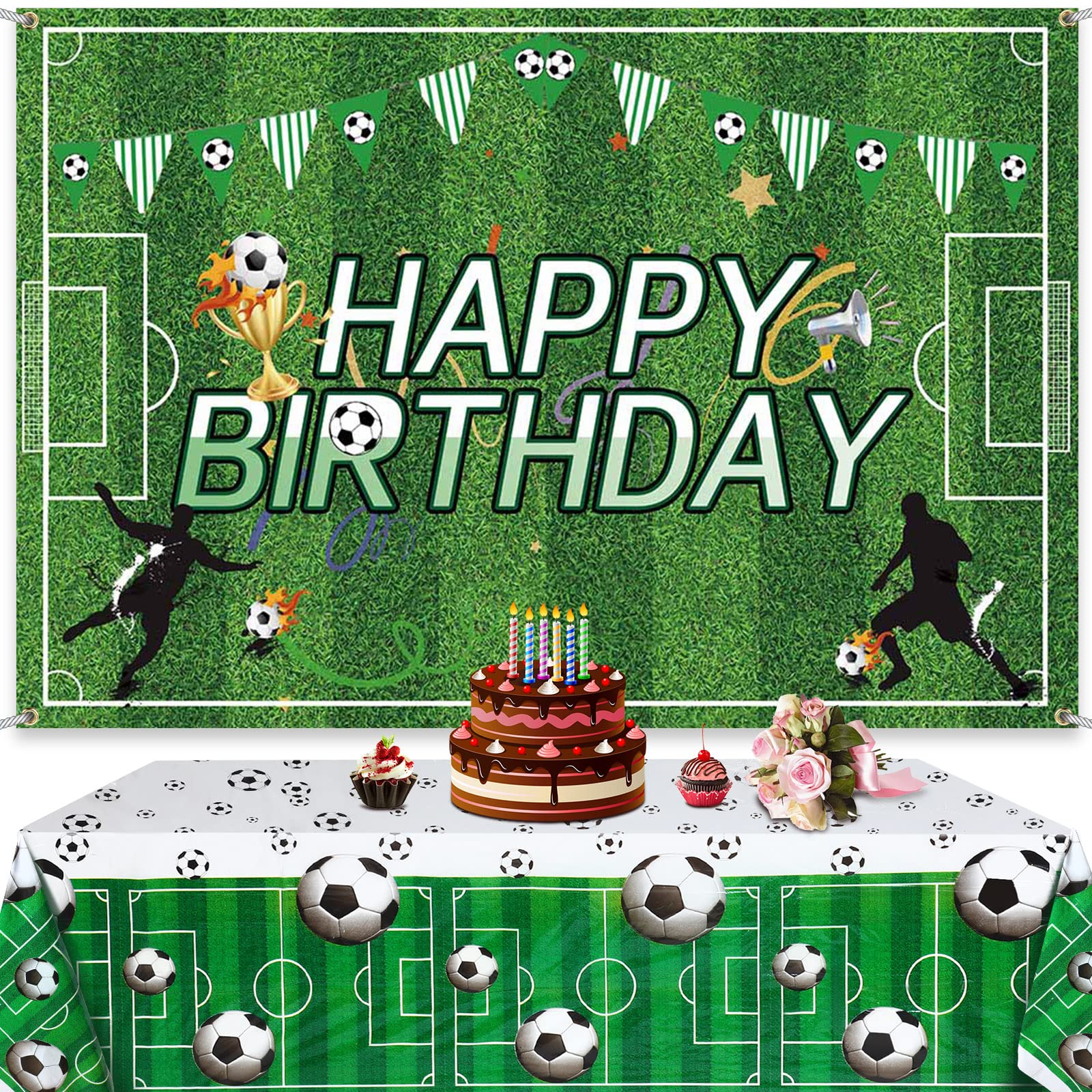 Irenare 2 Pcs Soccer Birthday Party Decorations 5 x 3 Inches Soccer Happy Birthday Backdrop 108 x 54 Inches Plastic Table Cloth Cover Photo Booth
