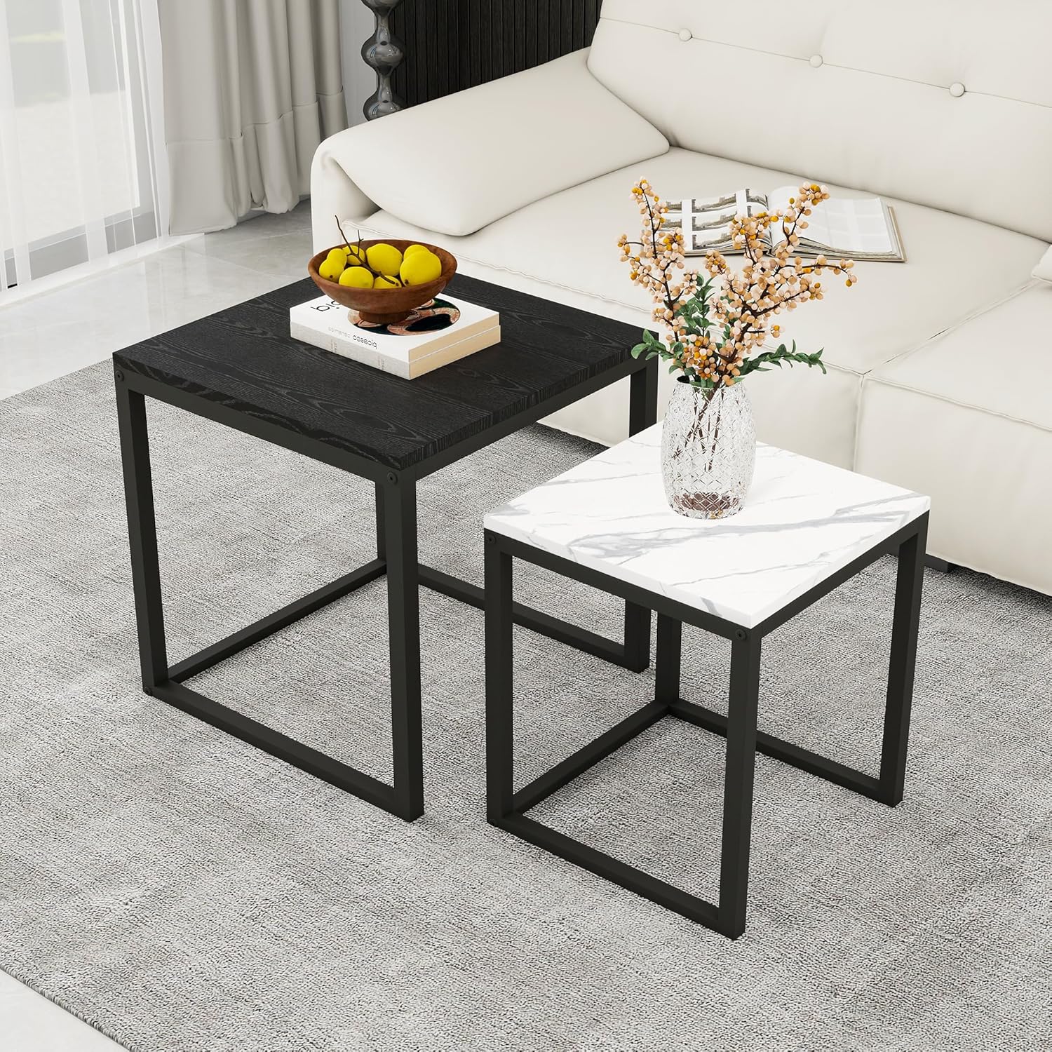 Coffee Table Set of 2, Industrial Square End Table,Modern Stacking Side Tables, Wood Look Accent Furniture with Metal Frame for Living Room, Bedroom, Apartment, Black+White