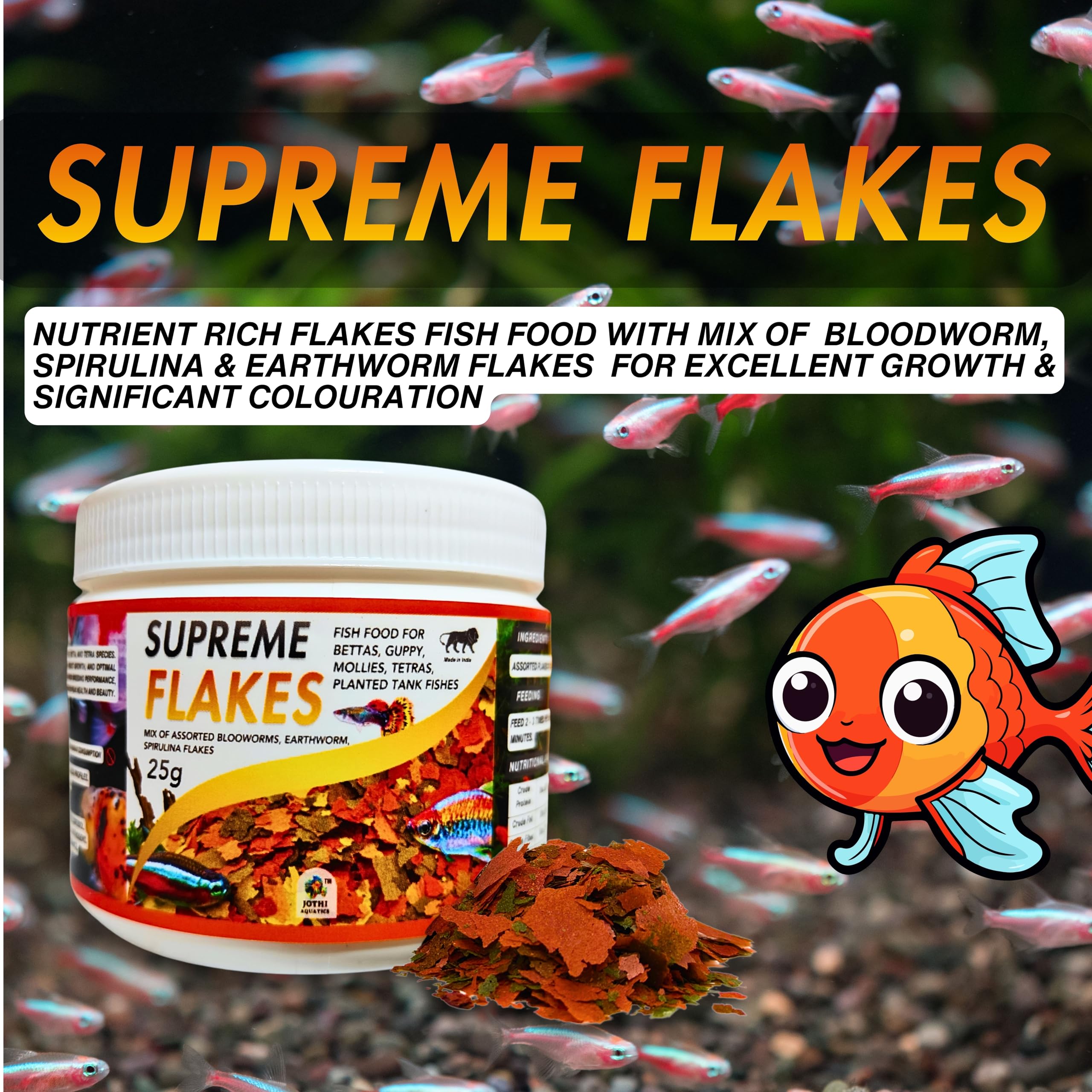 Jothi Aquatics Supreme Flakes 25g Fish Food | 60% Max Protein | Bloodworm, Spirulina & Earthworm Mix | High Growth & Color | for Bettas, Guppy, Tetra & All Small Aquarium Tropical Fishes 1