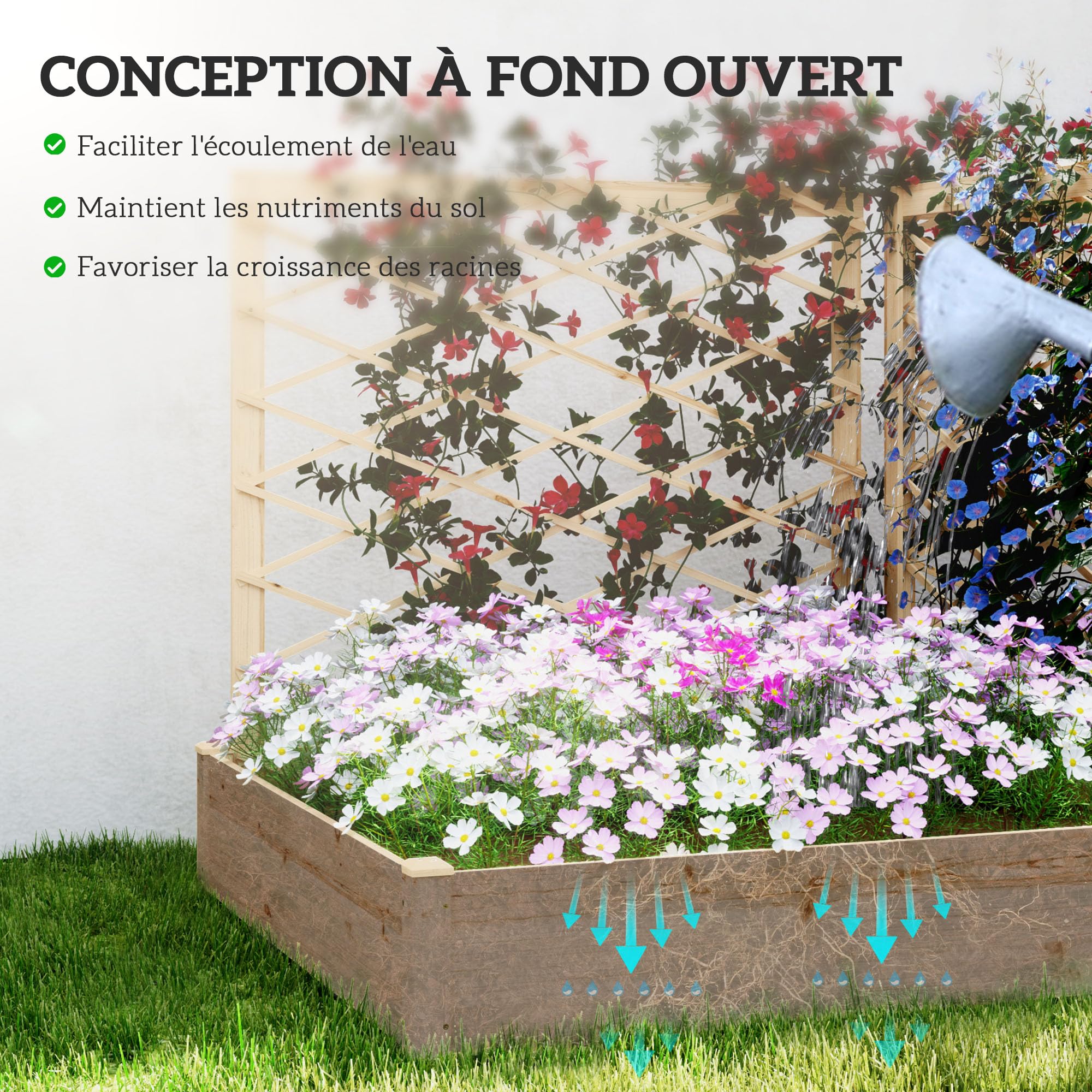 Outsunny Jardinière extérieure avec 3 Treillis modulable, lit surélevé de Jardin, bac à Fleurs en Bois pour Balcon terrasse Patio, 222 x 114 x 109 cm, Effet Bois Naturel